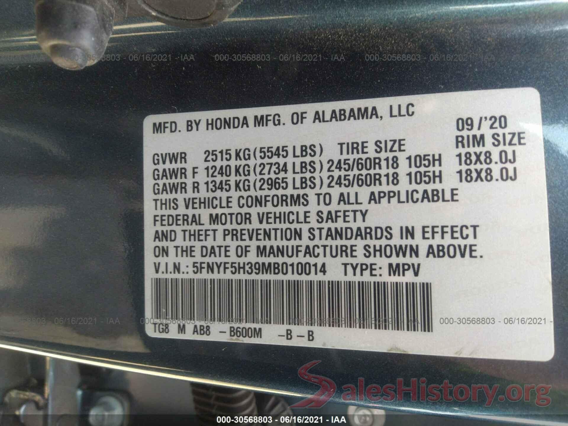 5FNYF5H39MB010014 2021 HONDA PILOT