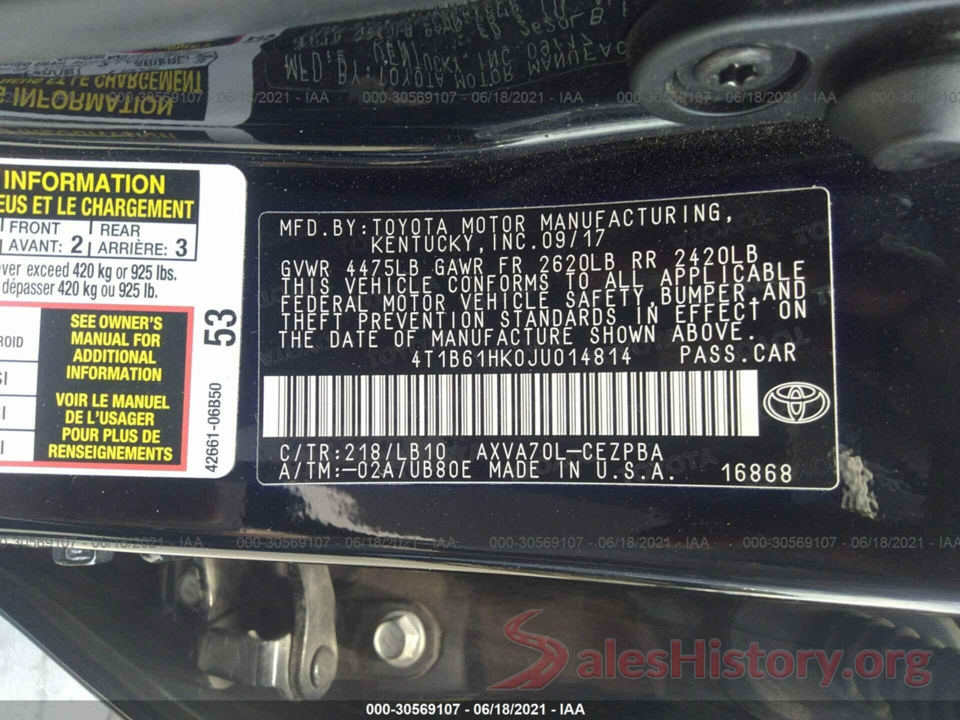 4T1B61HK0JU014814 2018 TOYOTA CAMRY