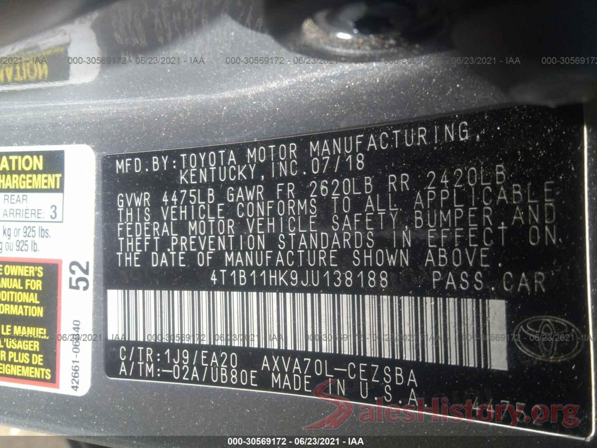 4T1B11HK9JU138188 2018 TOYOTA CAMRY