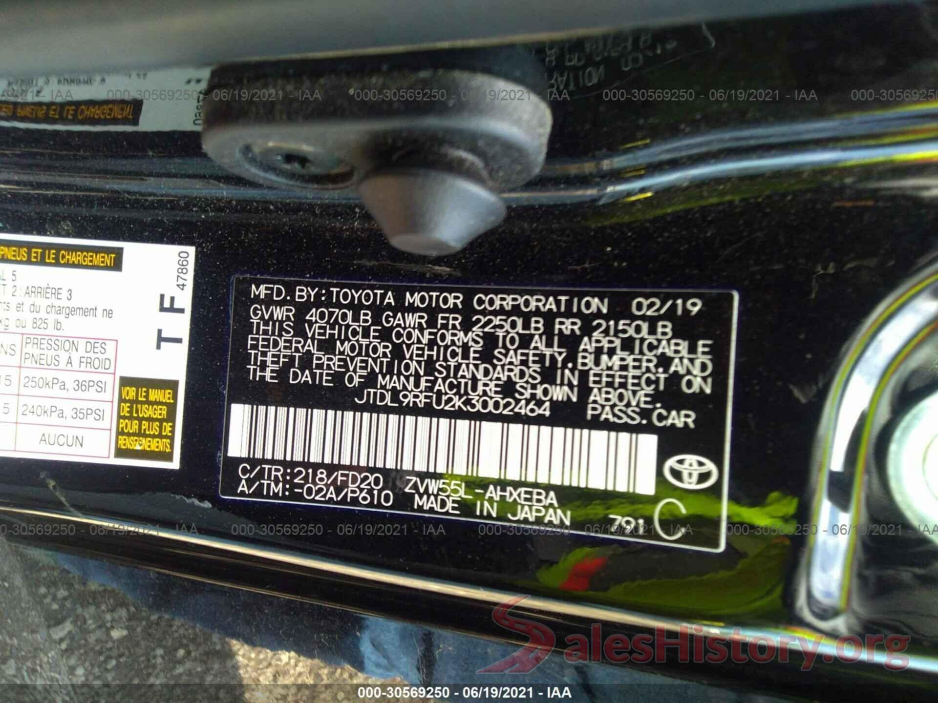 JTDL9RFU2K3002464 2019 TOYOTA PRIUS