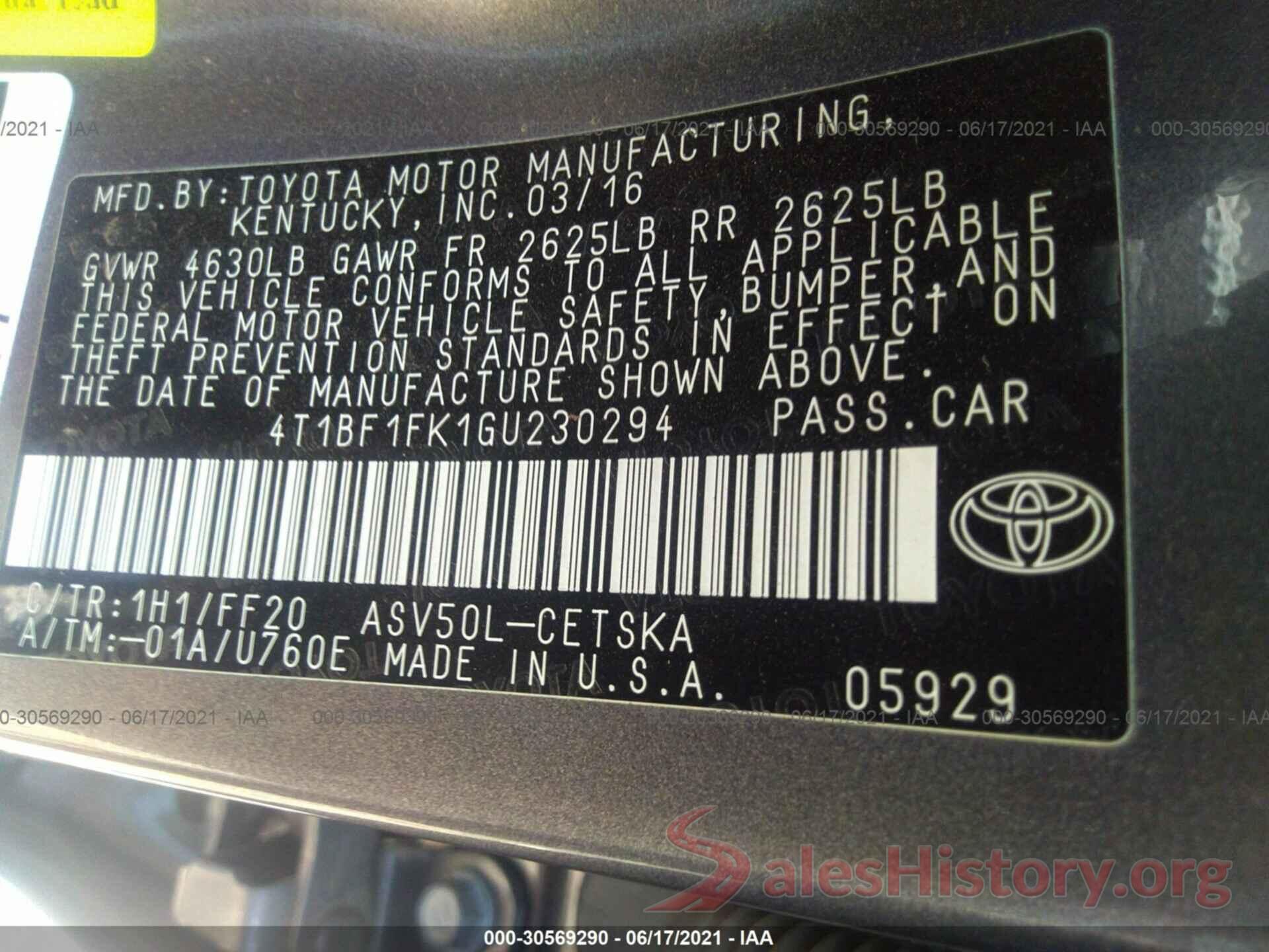 4T1BF1FK1GU230294 2016 TOYOTA CAMRY