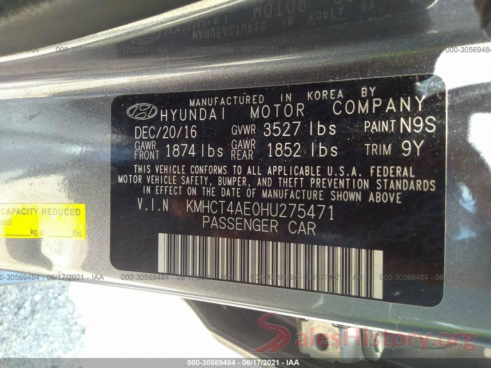 KMHCT4AE0HU275471 2017 HYUNDAI ACCENT