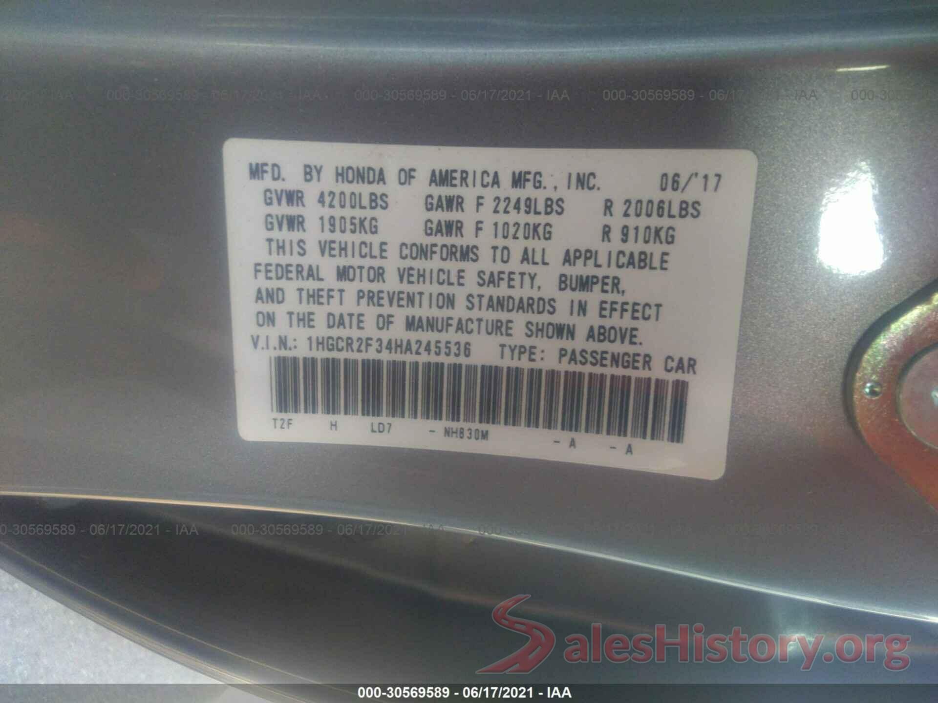 1HGCR2F34HA245536 2017 HONDA ACCORD SEDAN