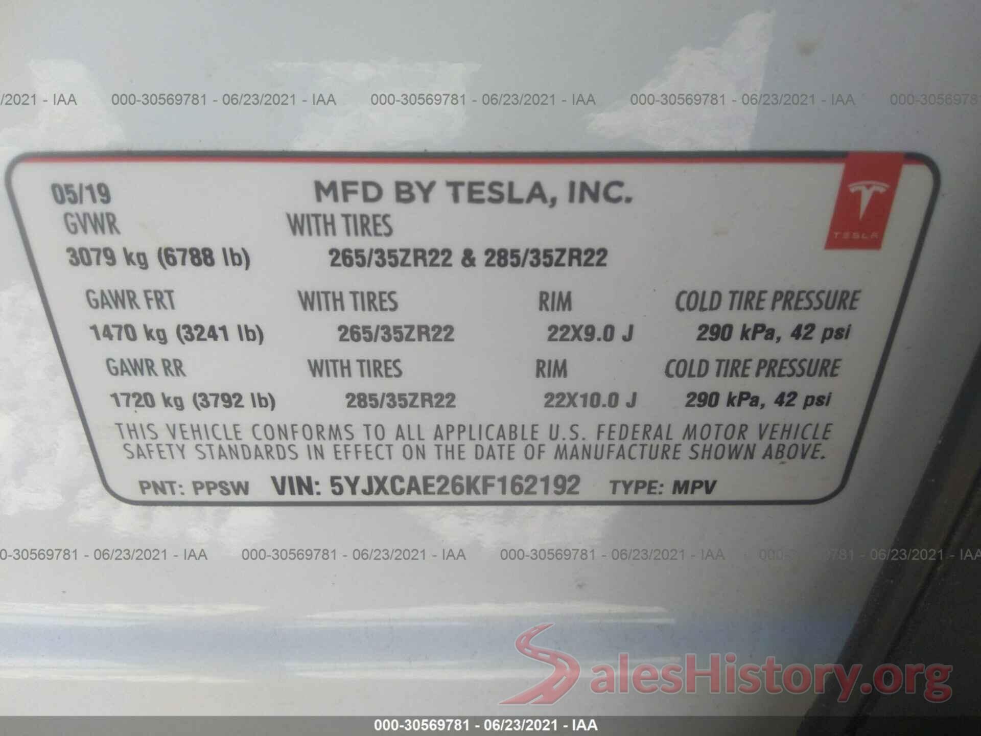 5YJXCAE26KF162192 2019 TESLA MODEL X