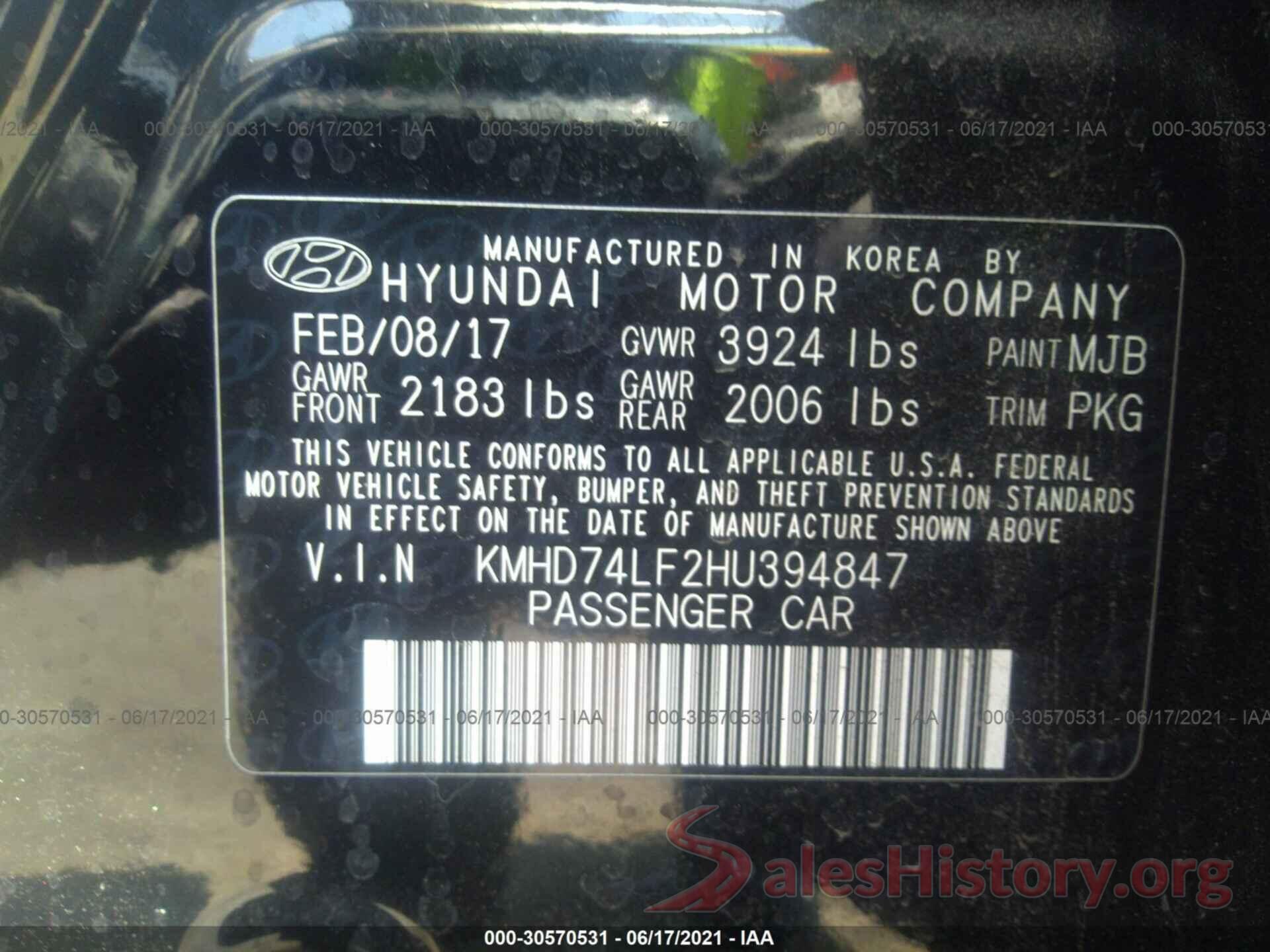 KMHD74LF2HU394847 2017 HYUNDAI ELANTRA