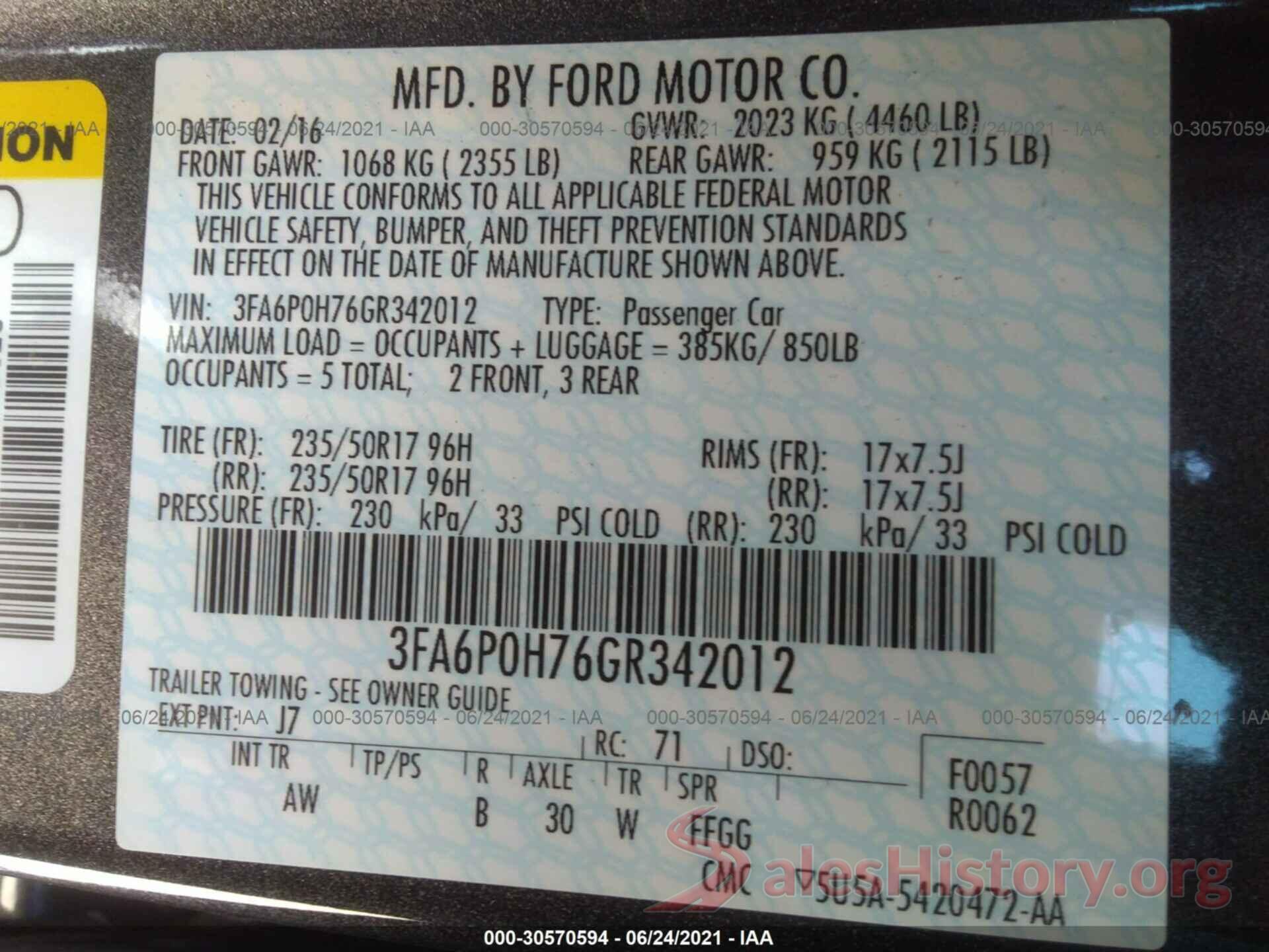 3FA6P0H76GR342012 2016 FORD FUSION