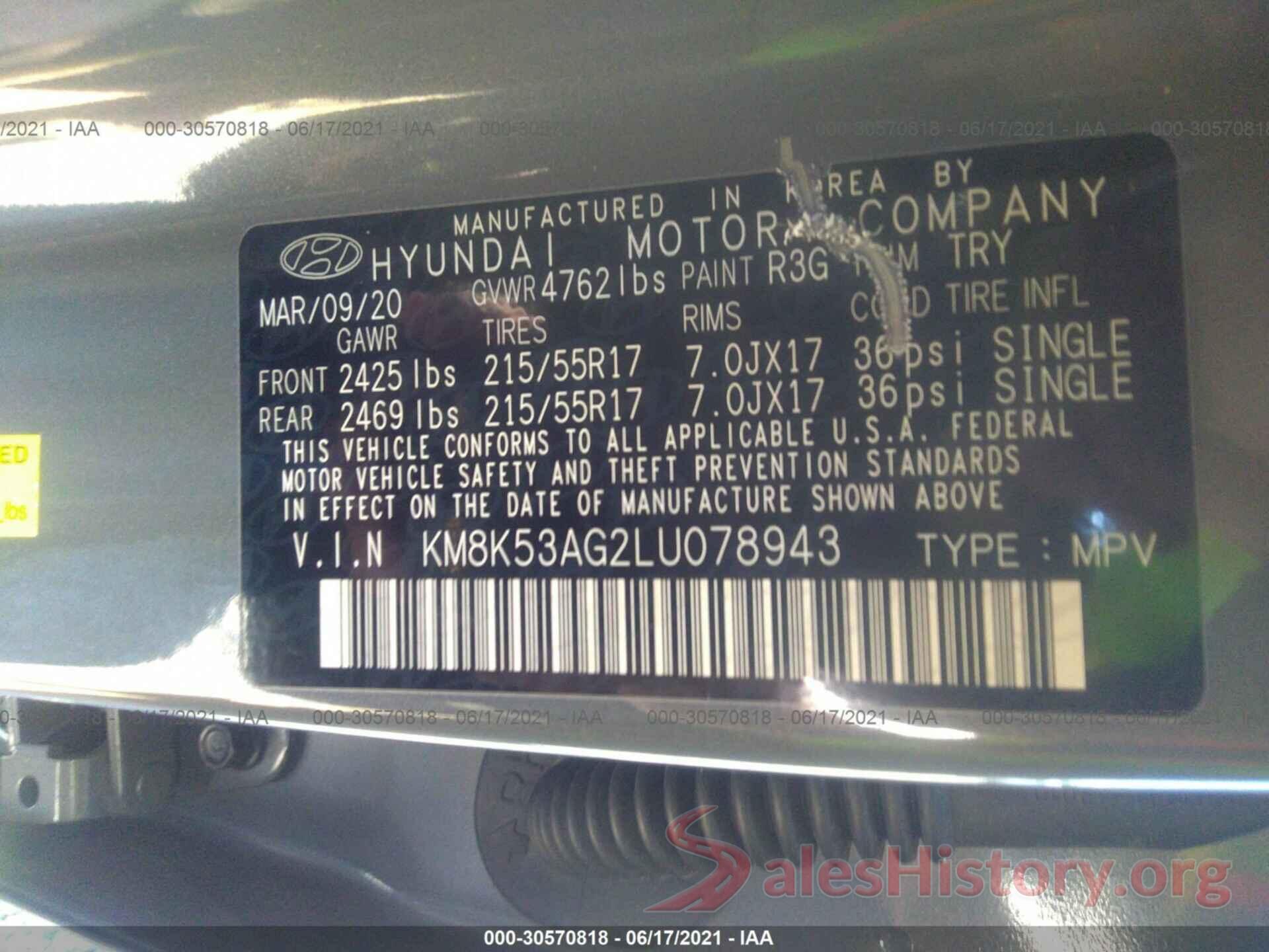 KM8K53AG2LU078943 2020 HYUNDAI KONA EV