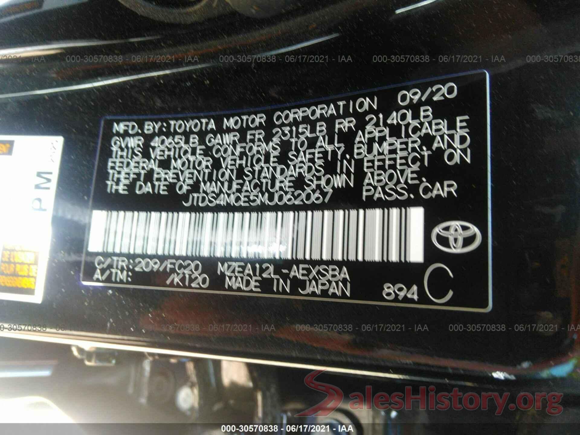 JTDS4MCE5MJ062067 2021 TOYOTA COROLLA