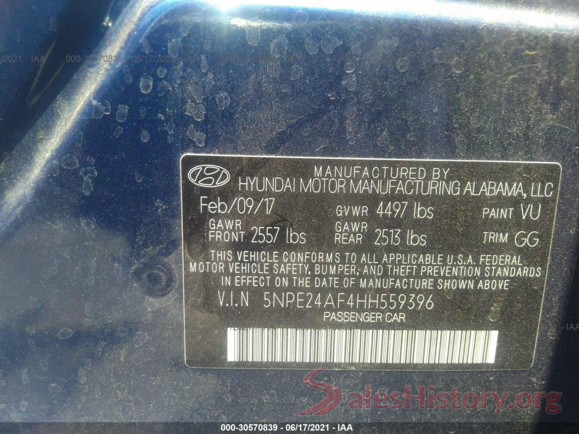 5NPE24AF4HH559396 2017 HYUNDAI SONATA