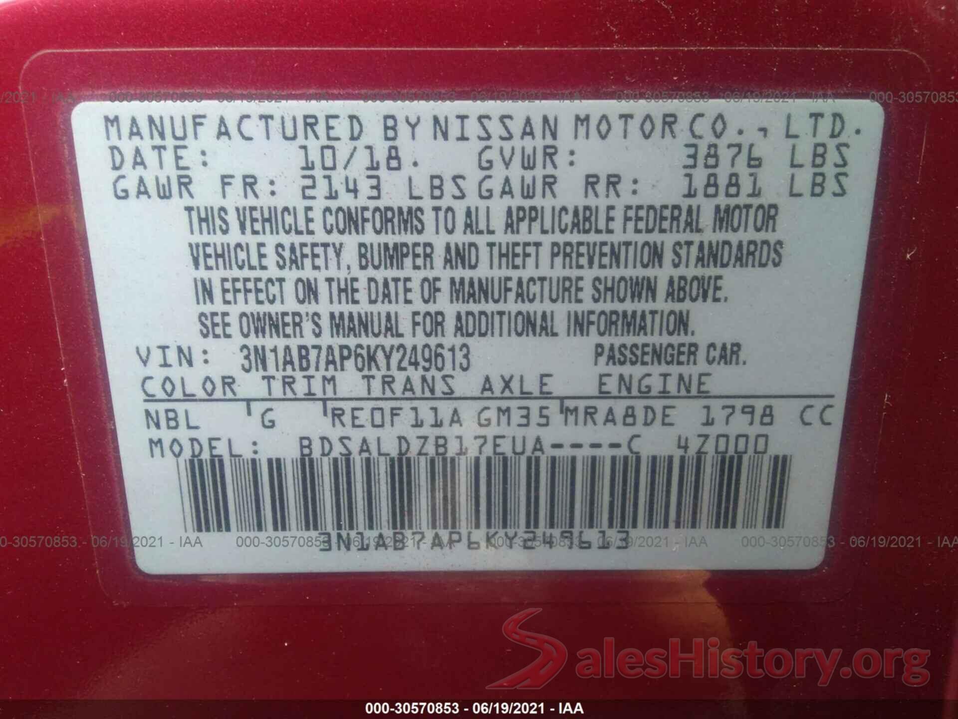 3N1AB7AP6KY249613 2019 NISSAN SENTRA