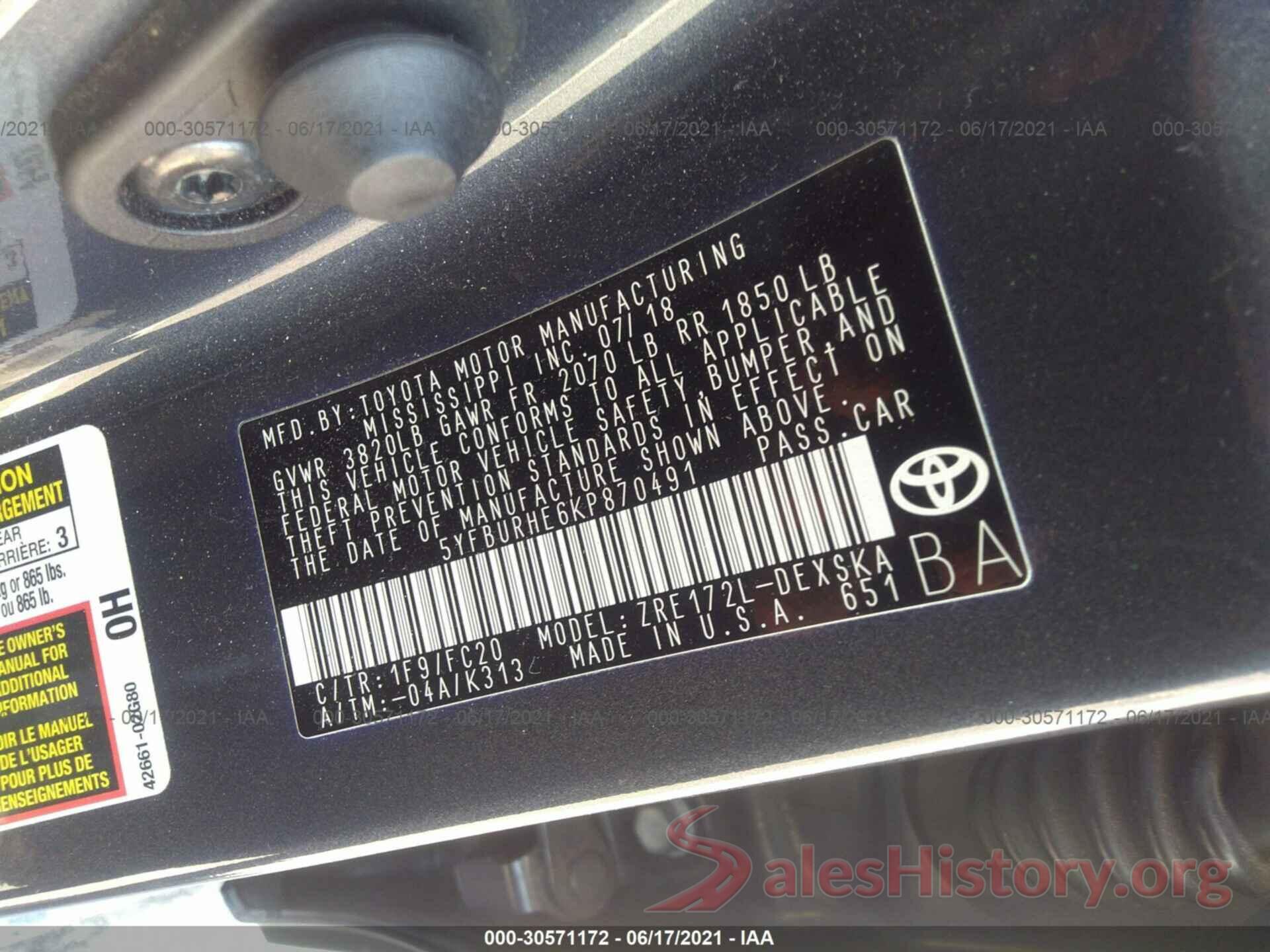 5YFBURHE6KP870491 2019 TOYOTA COROLLA