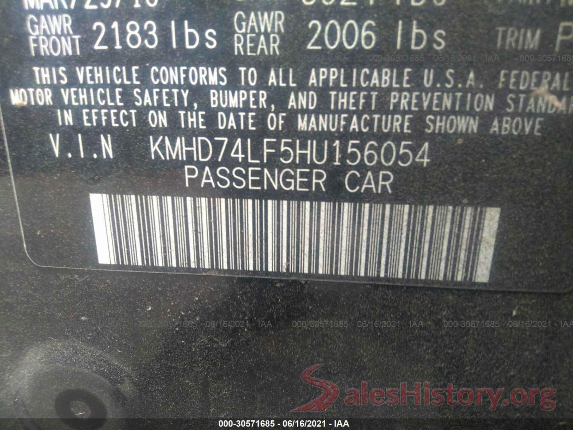 KMHD74LF5HU156054 2017 HYUNDAI ELANTRA