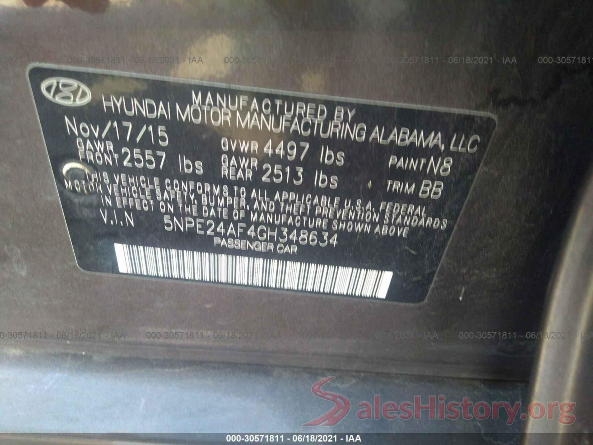 5NPE24AF4GH348634 2016 HYUNDAI SONATA