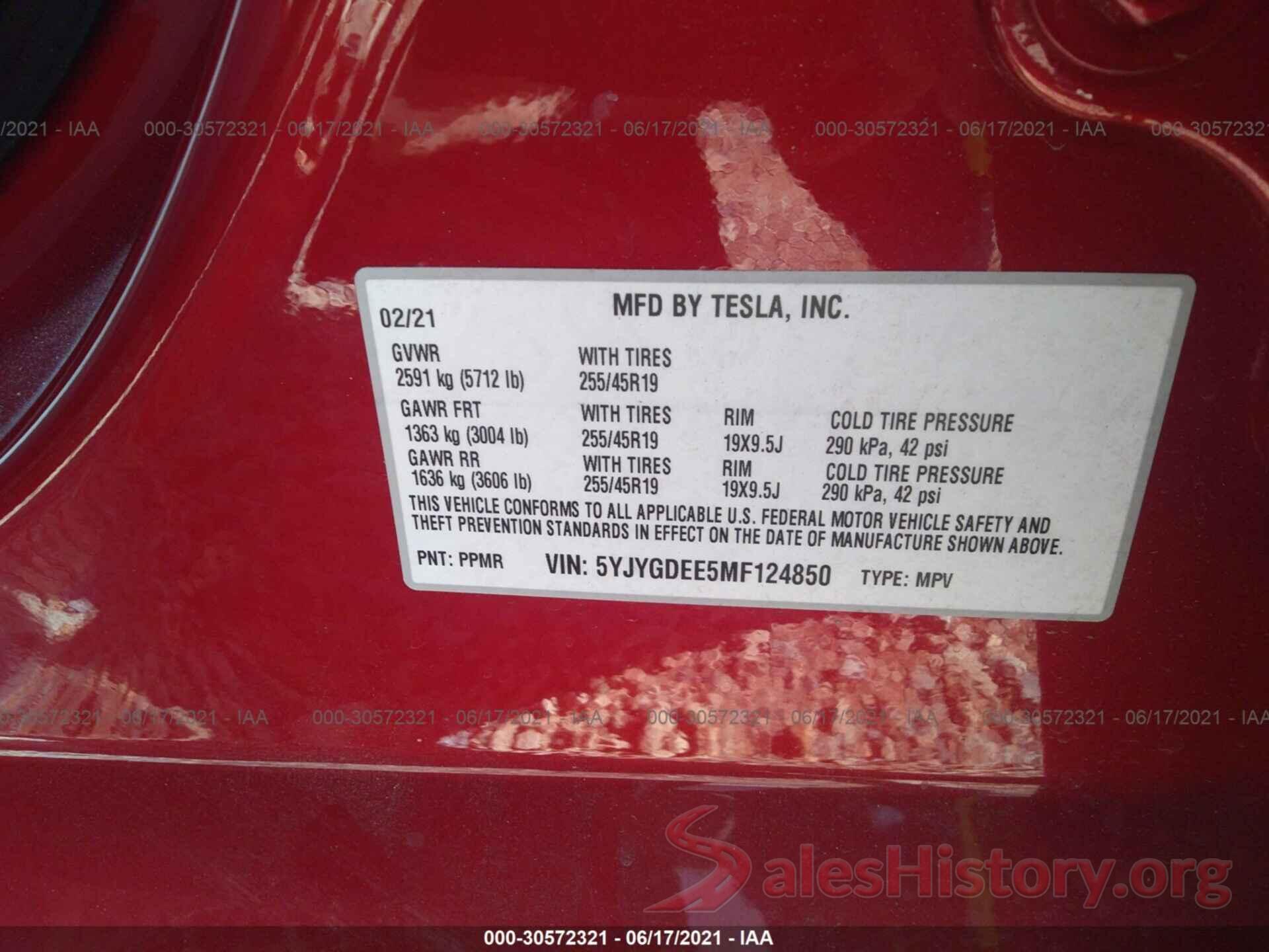 5YJYGDEE5MF124850 2021 TESLA MODEL Y