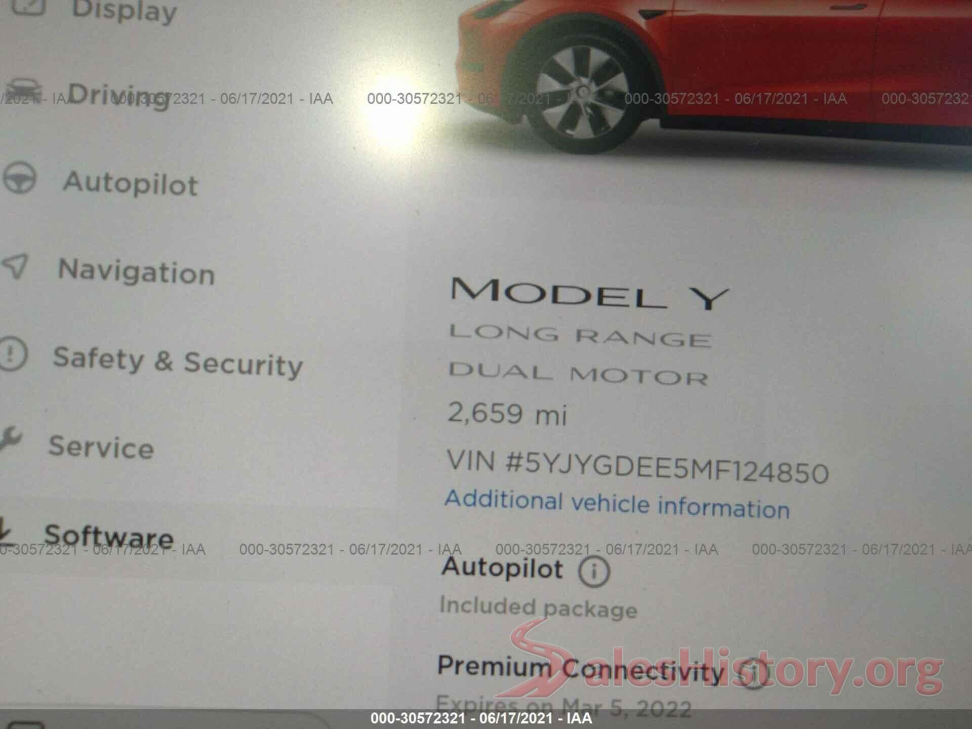 5YJYGDEE5MF124850 2021 TESLA MODEL Y