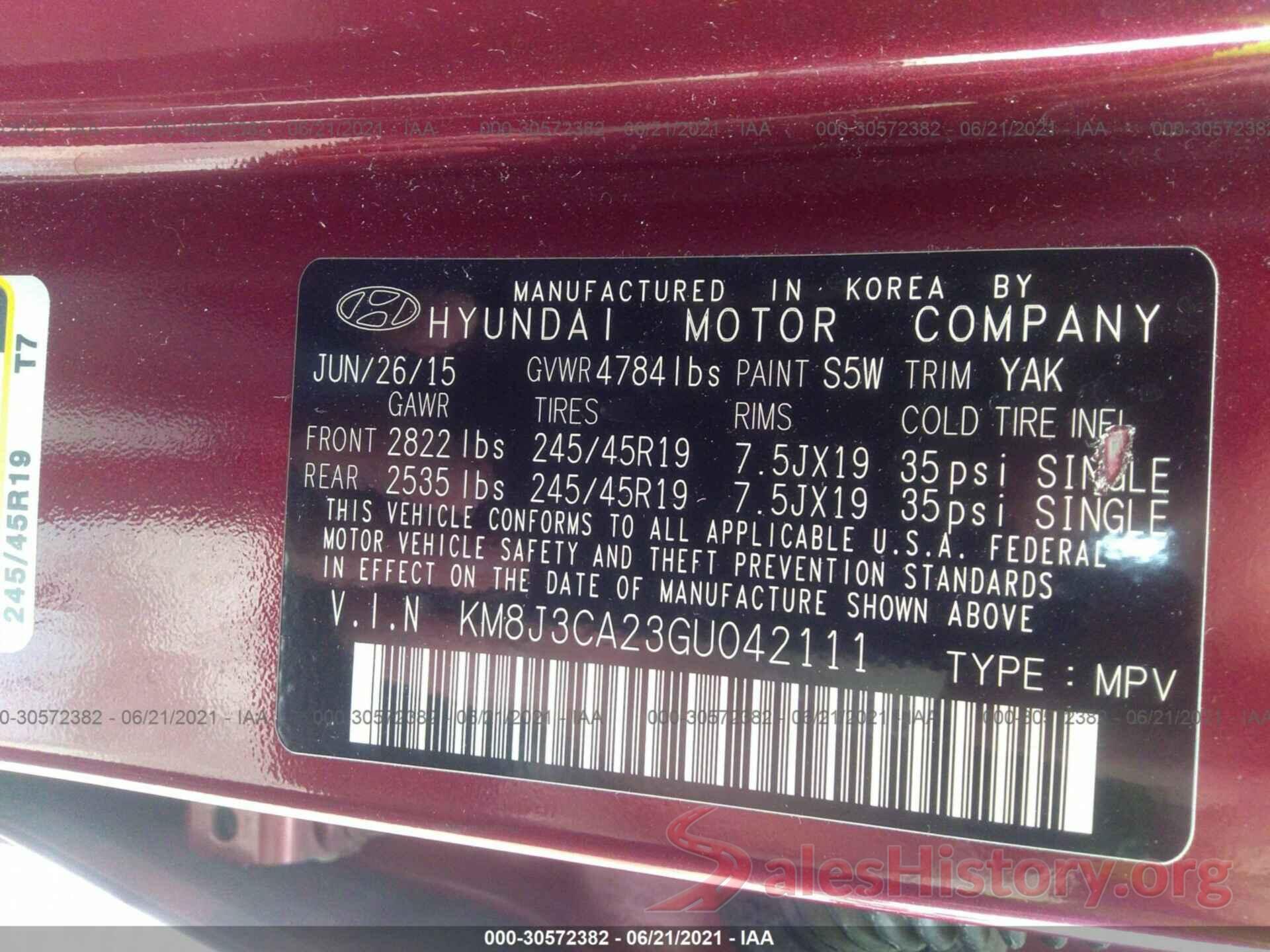 KM8J3CA23GU042111 2016 HYUNDAI TUCSON