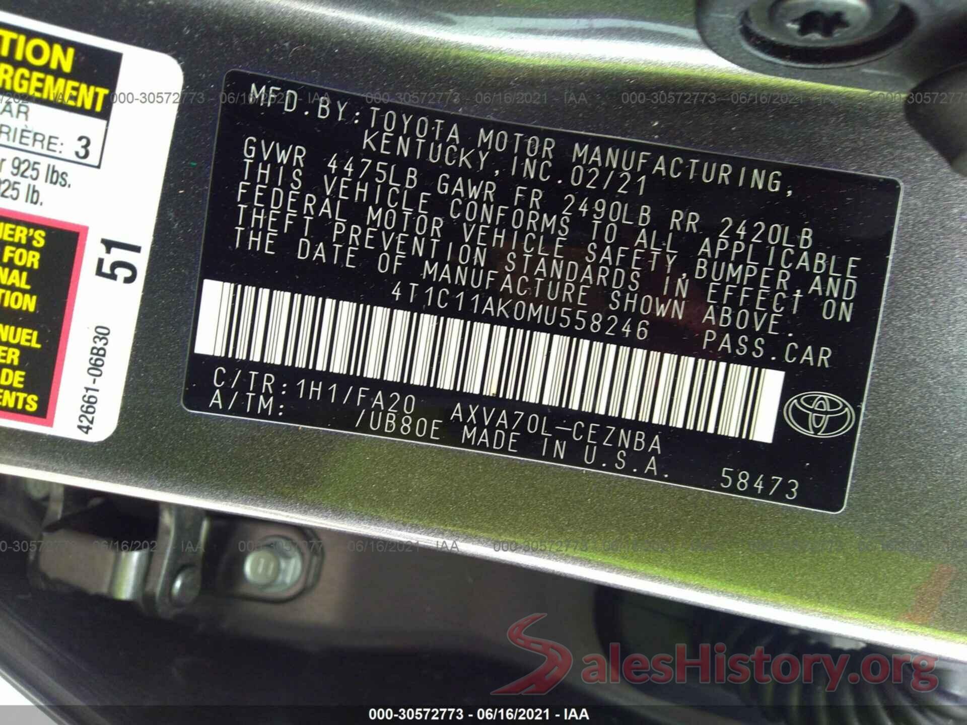 4T1C11AK0MU558246 2021 TOYOTA CAMRY