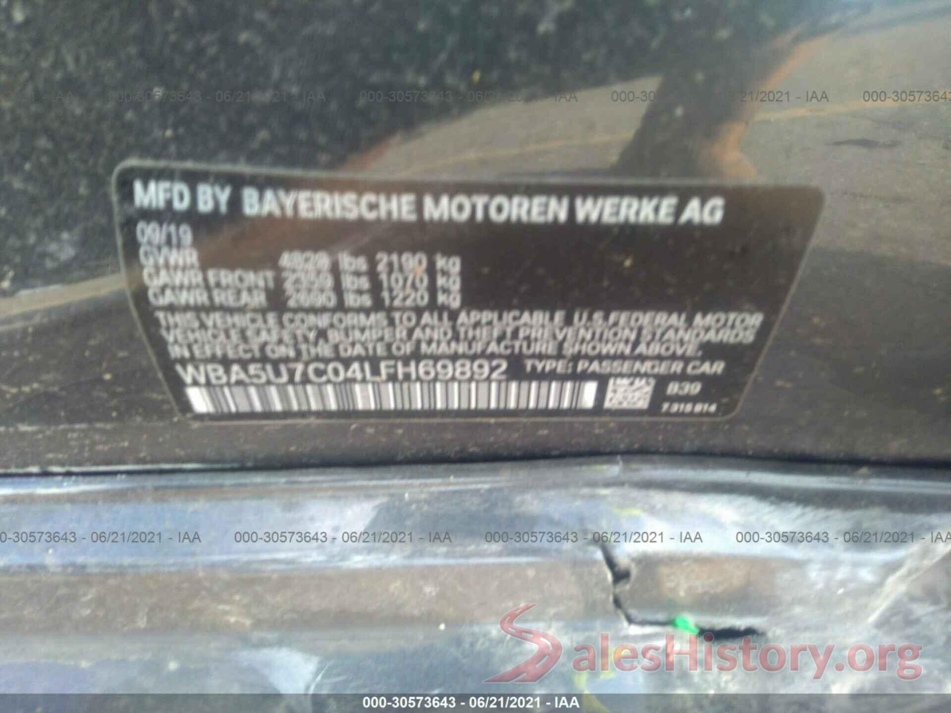 WBA5U7C04LFH69892 2020 BMW 3 SERIES