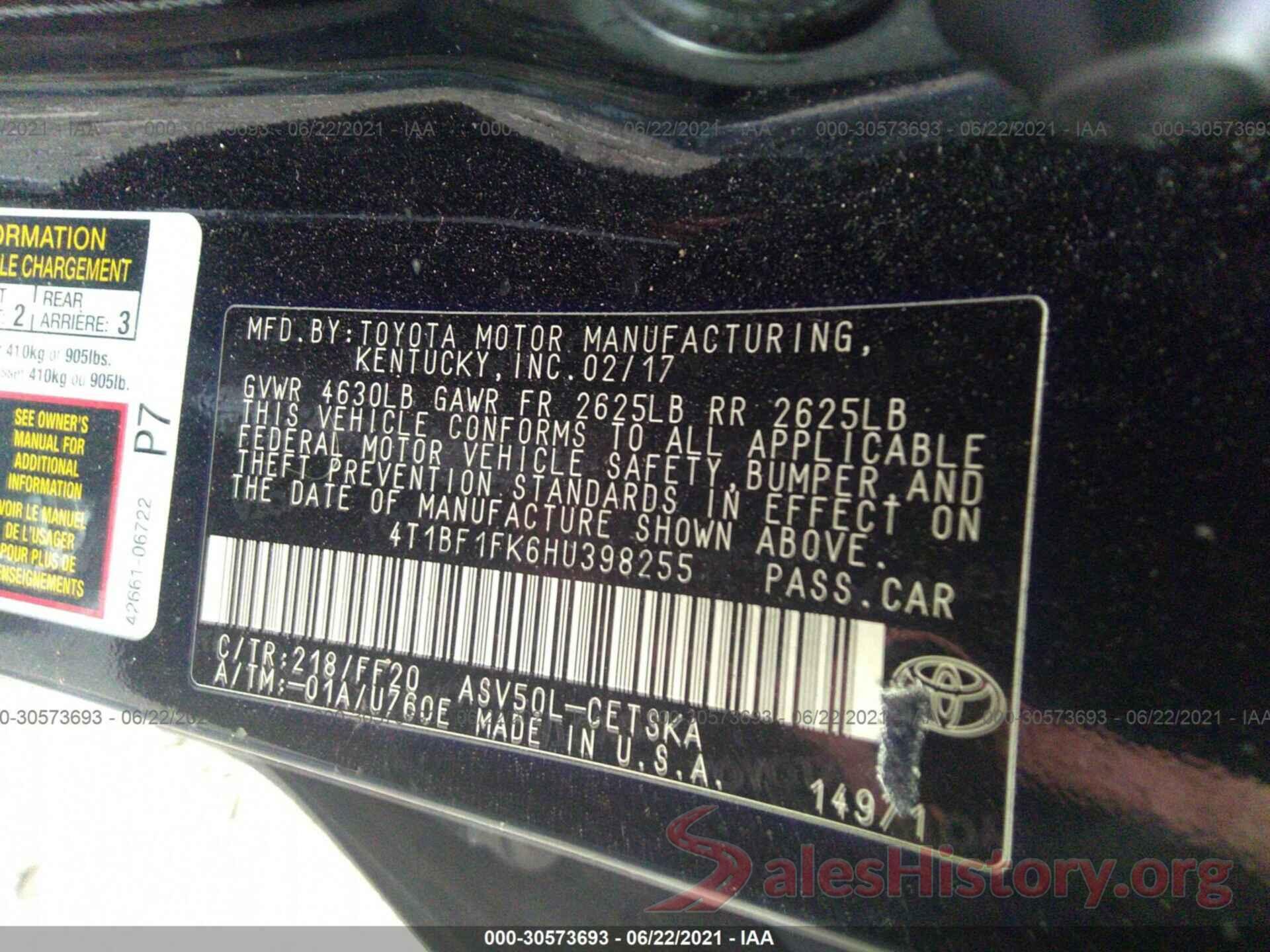 4T1BF1FK6HU398255 2017 TOYOTA CAMRY