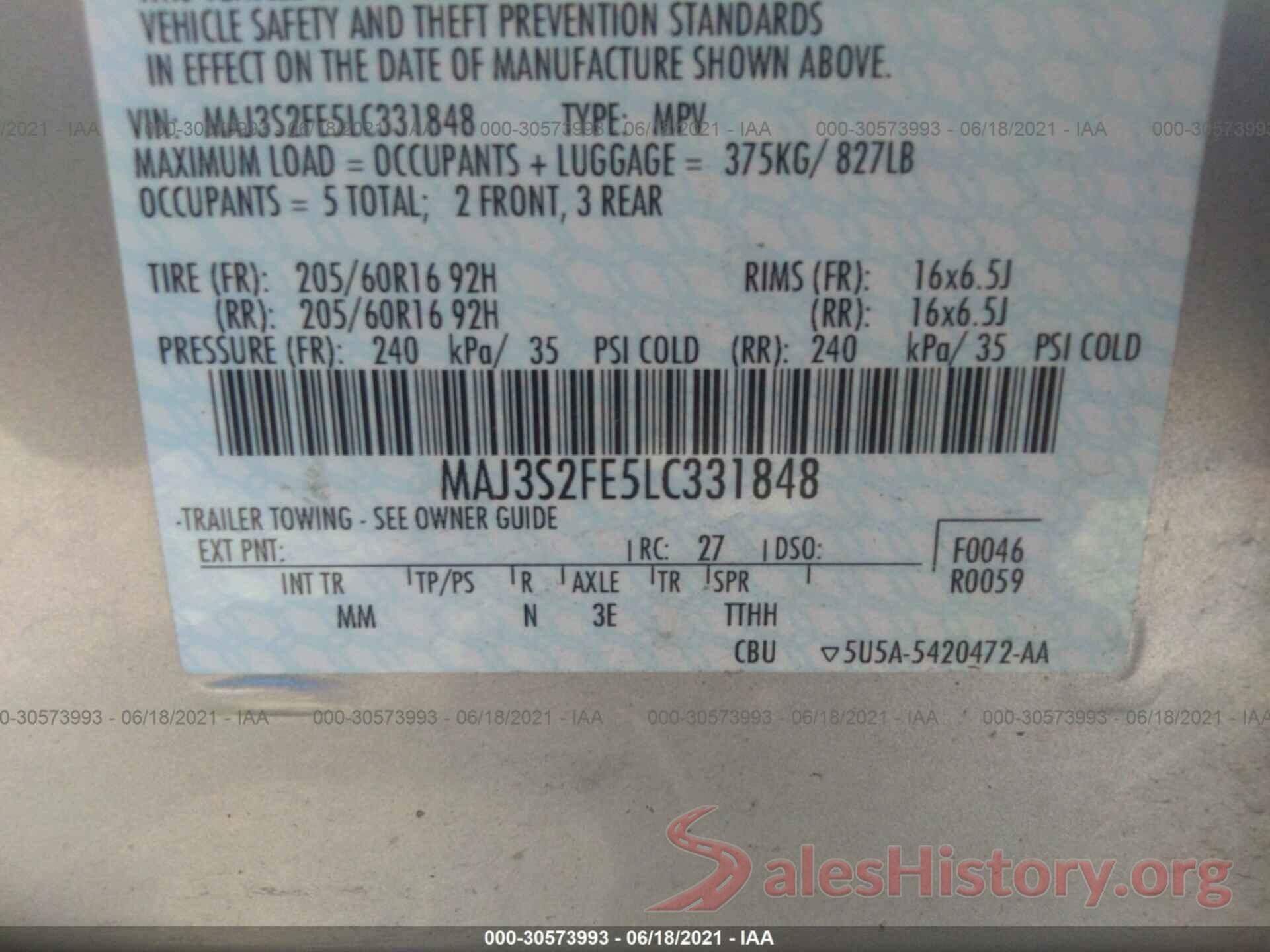 MAJ3S2FE5LC331848 2020 FORD ECOSPORT