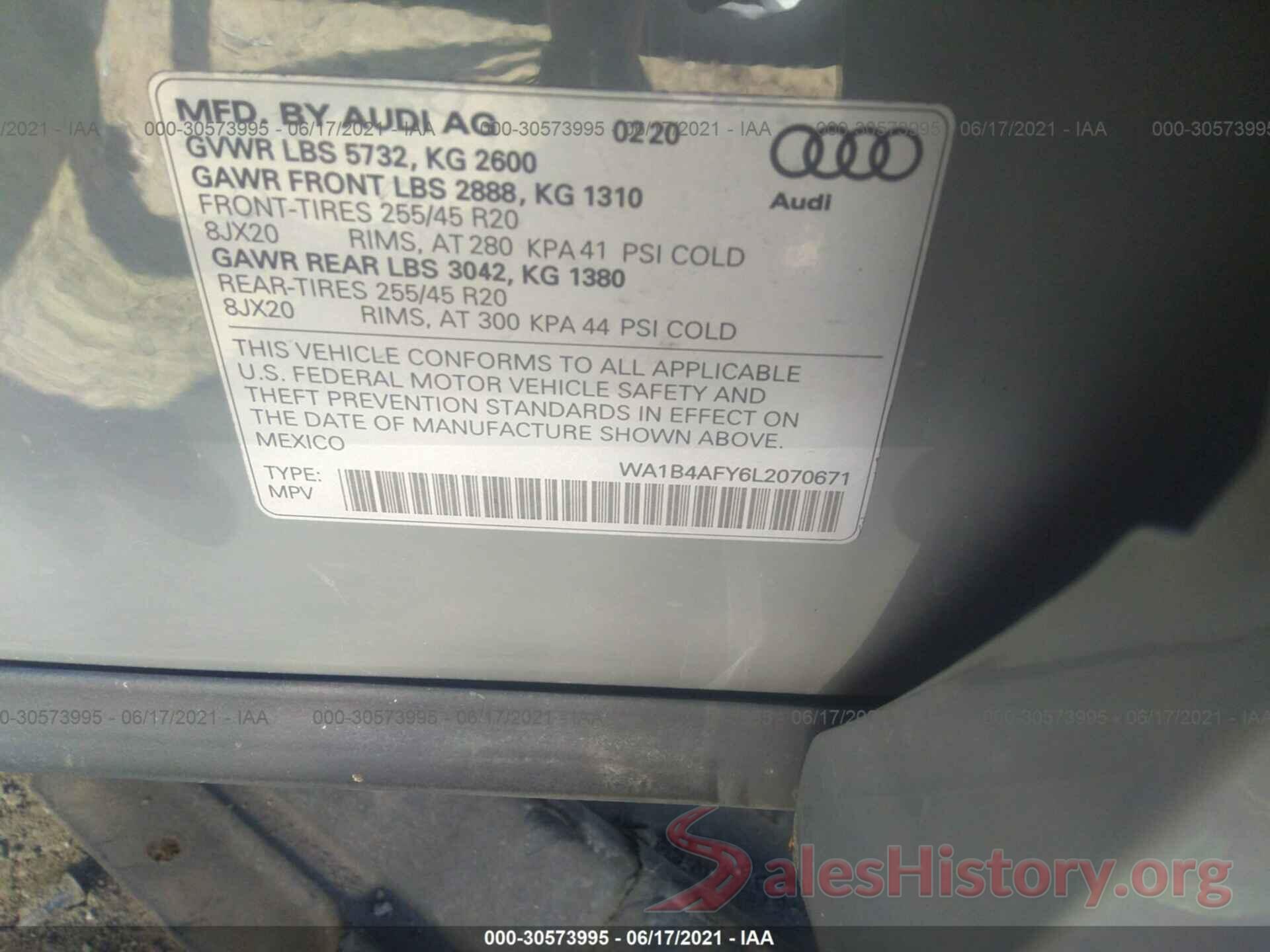 WA1B4AFY6L2070671 2020 AUDI SQ5