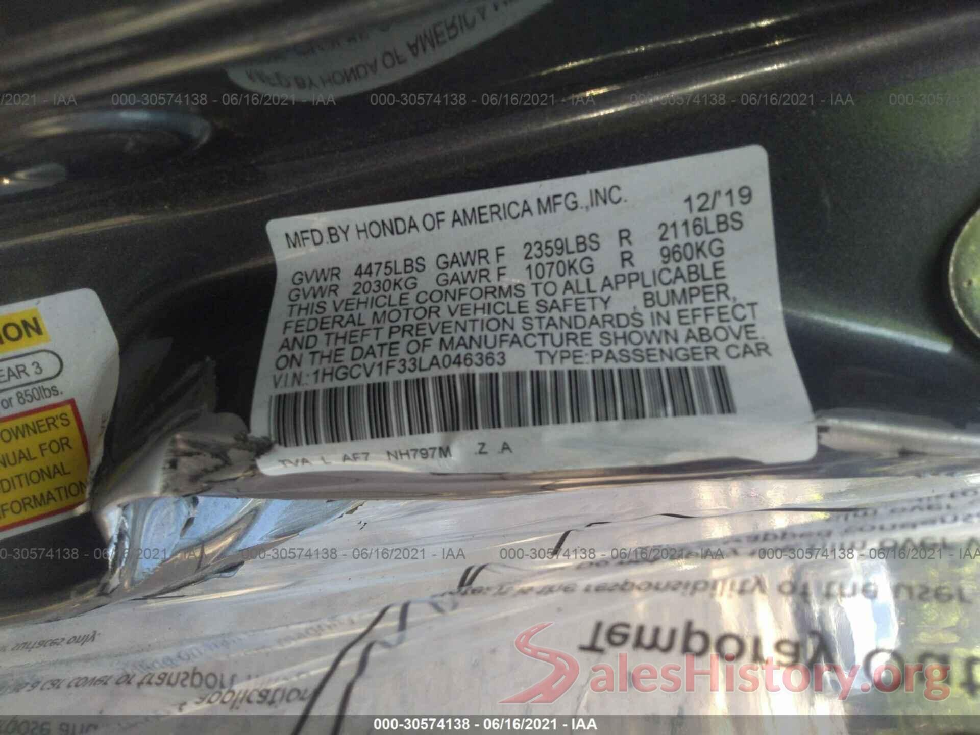 1HGCV1F33LA046363 2020 HONDA ACCORD SEDAN