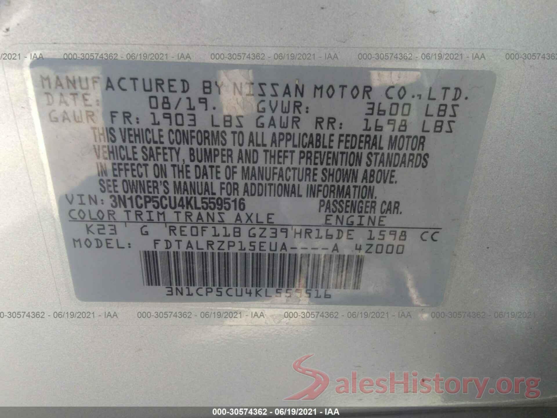 3N1CP5CU4KL559516 2019 NISSAN KICKS