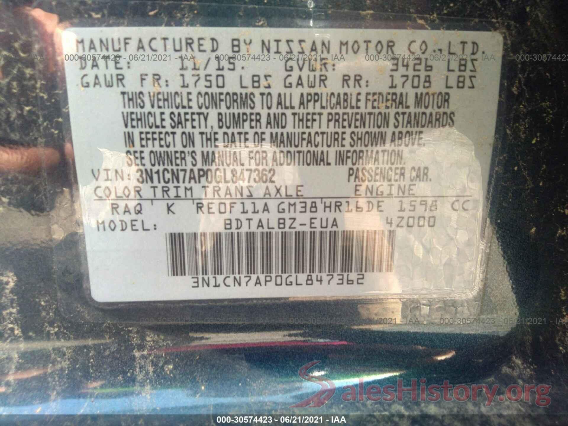 3N1CN7AP0GL847362 2016 NISSAN VERSA