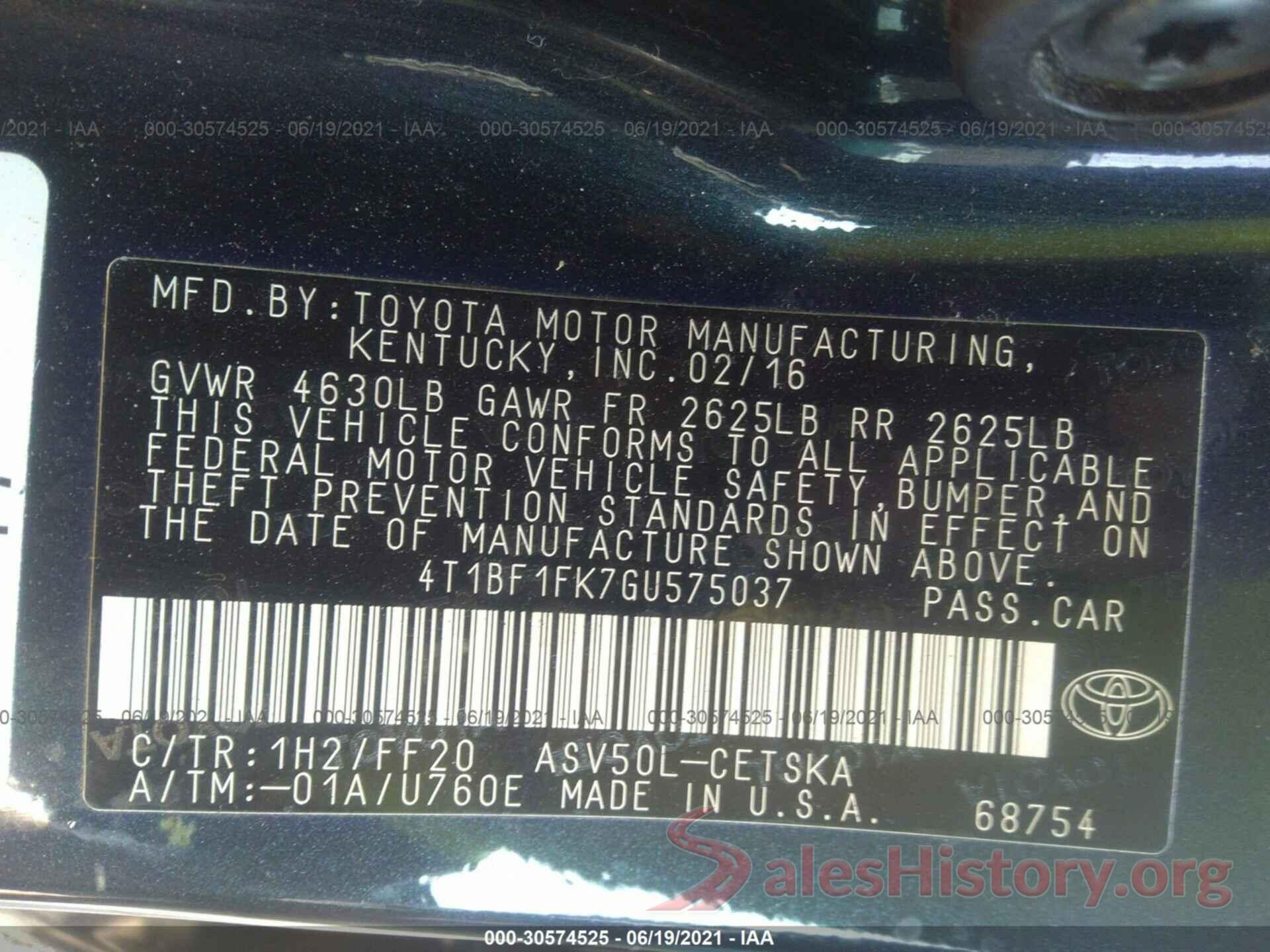 4T1BF1FK7GU575037 2016 TOYOTA CAMRY