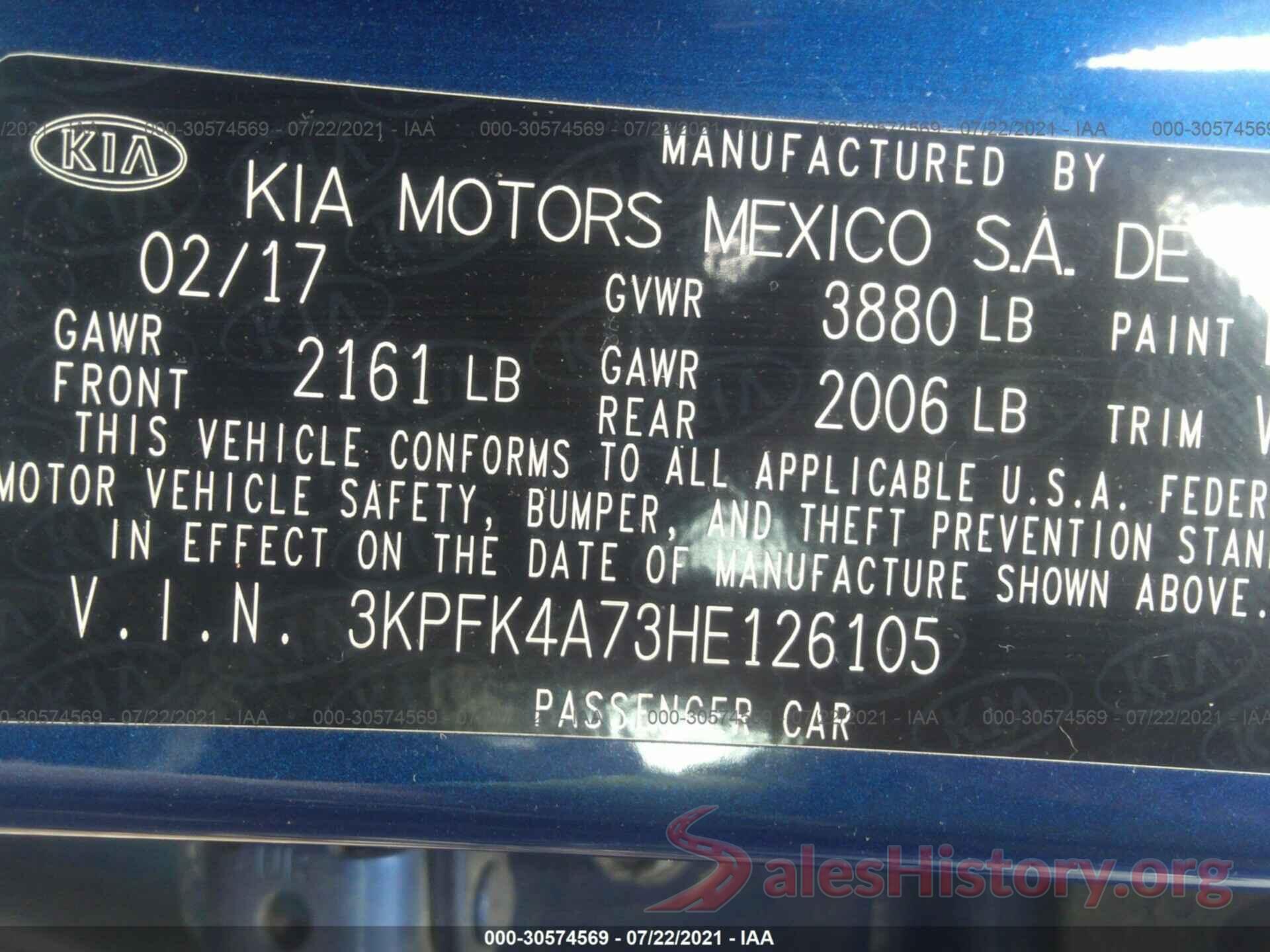 3KPFK4A73HE126105 2017 KIA FORTE