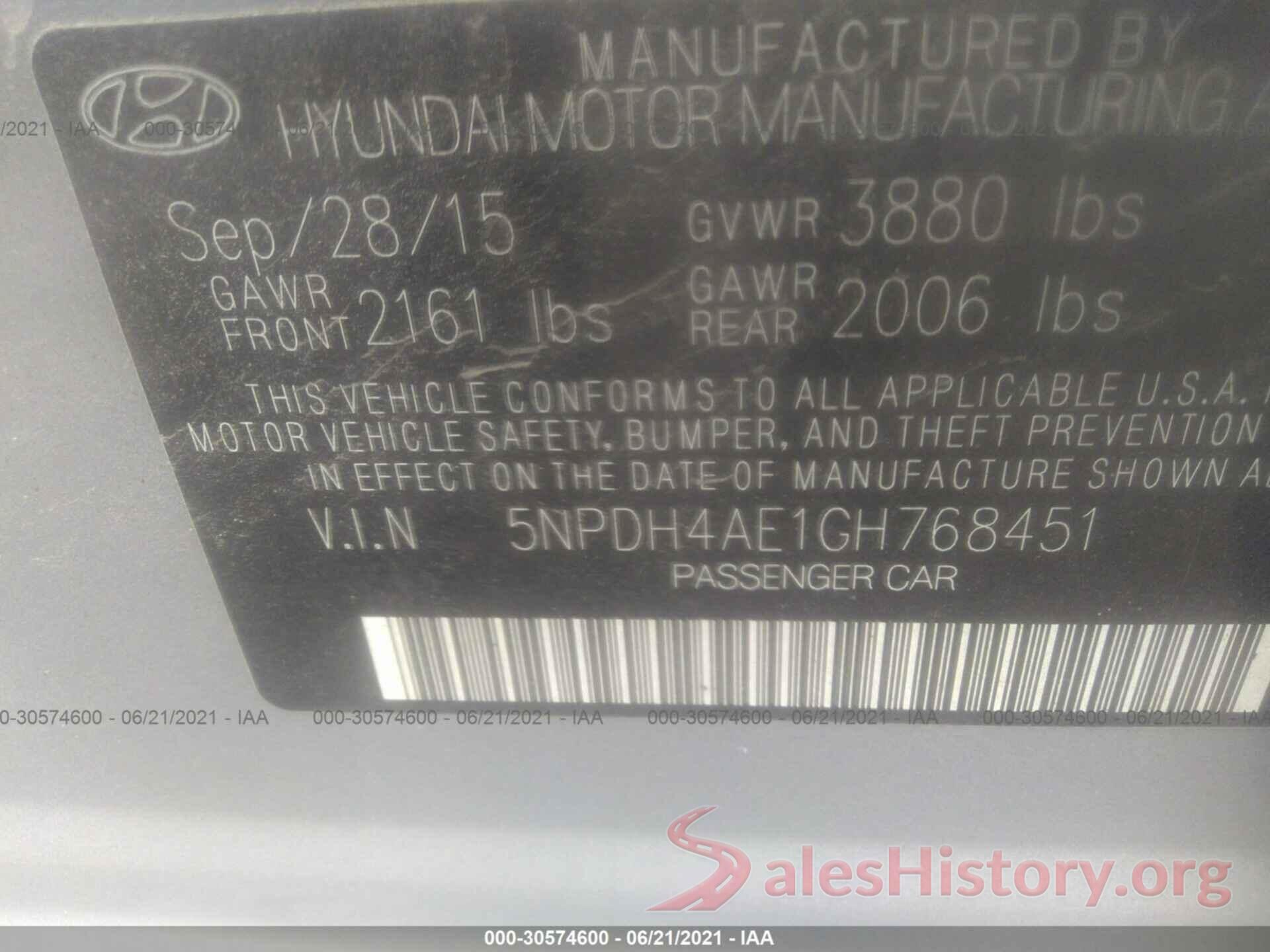 5NPDH4AE1GH768451 2016 HYUNDAI ELANTRA