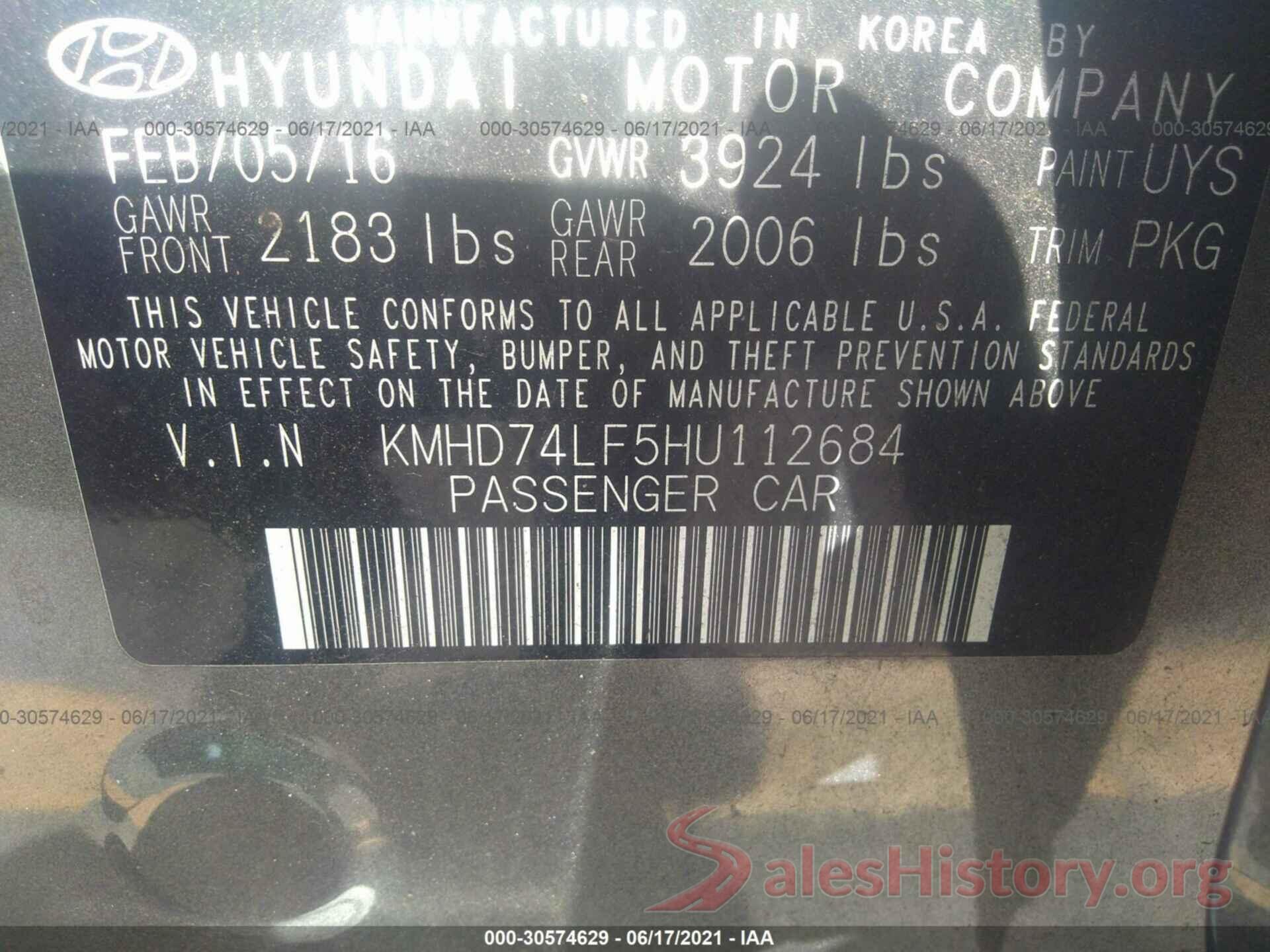 KMHD74LF5HU112684 2017 HYUNDAI ELANTRA