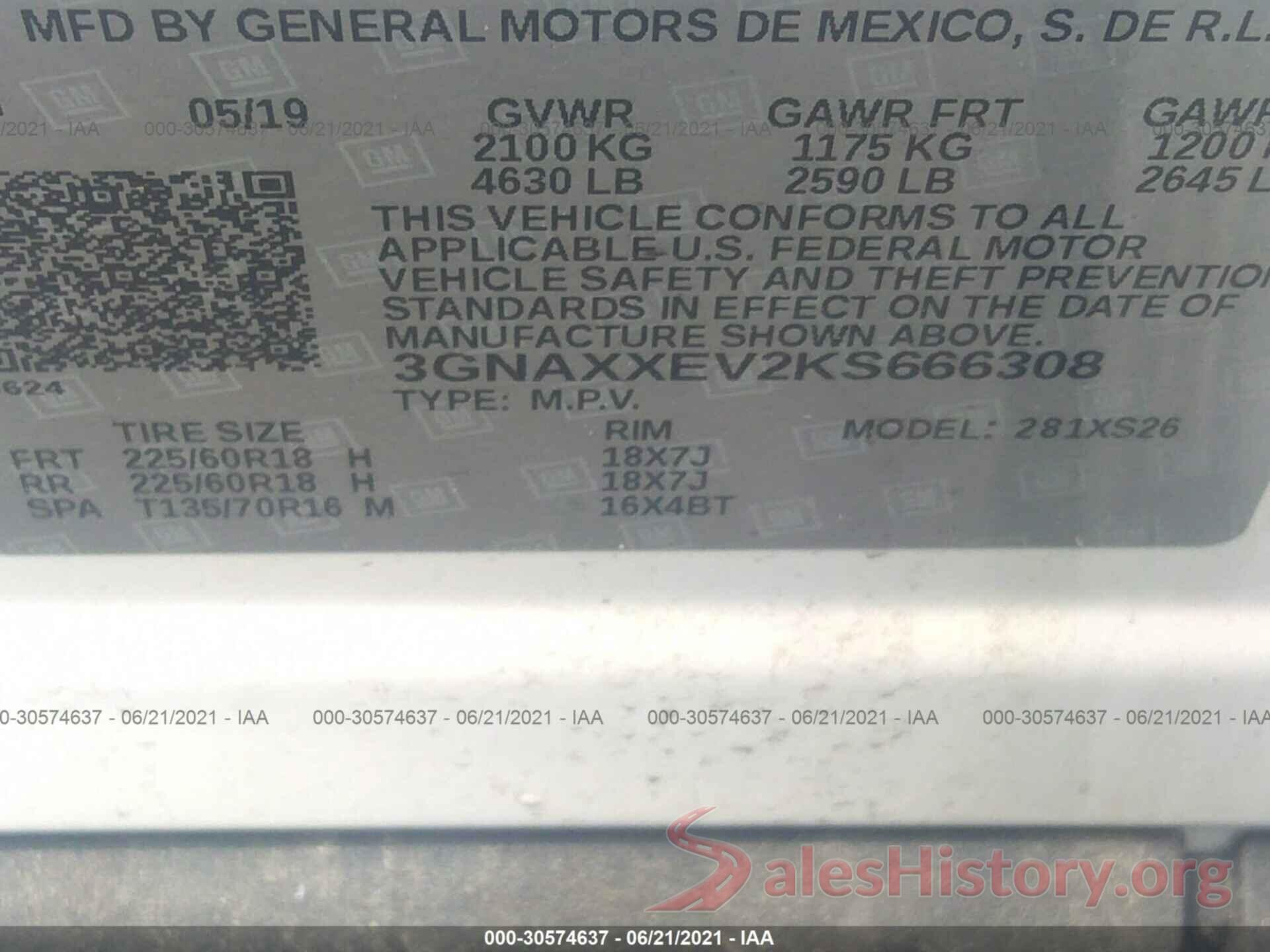 3GNAXXEV2KS666308 2019 CHEVROLET EQUINOX