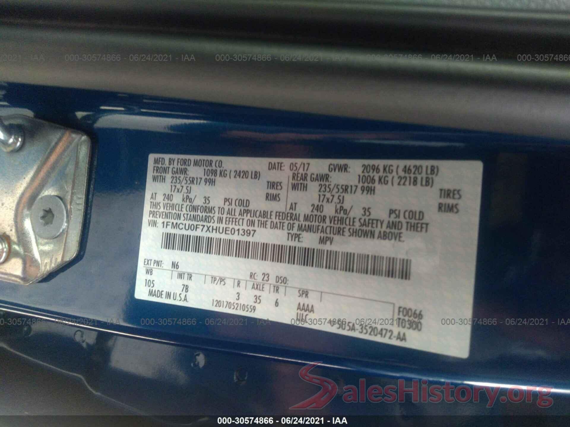 1FMCU0F7XHUE01397 2017 FORD ESCAPE