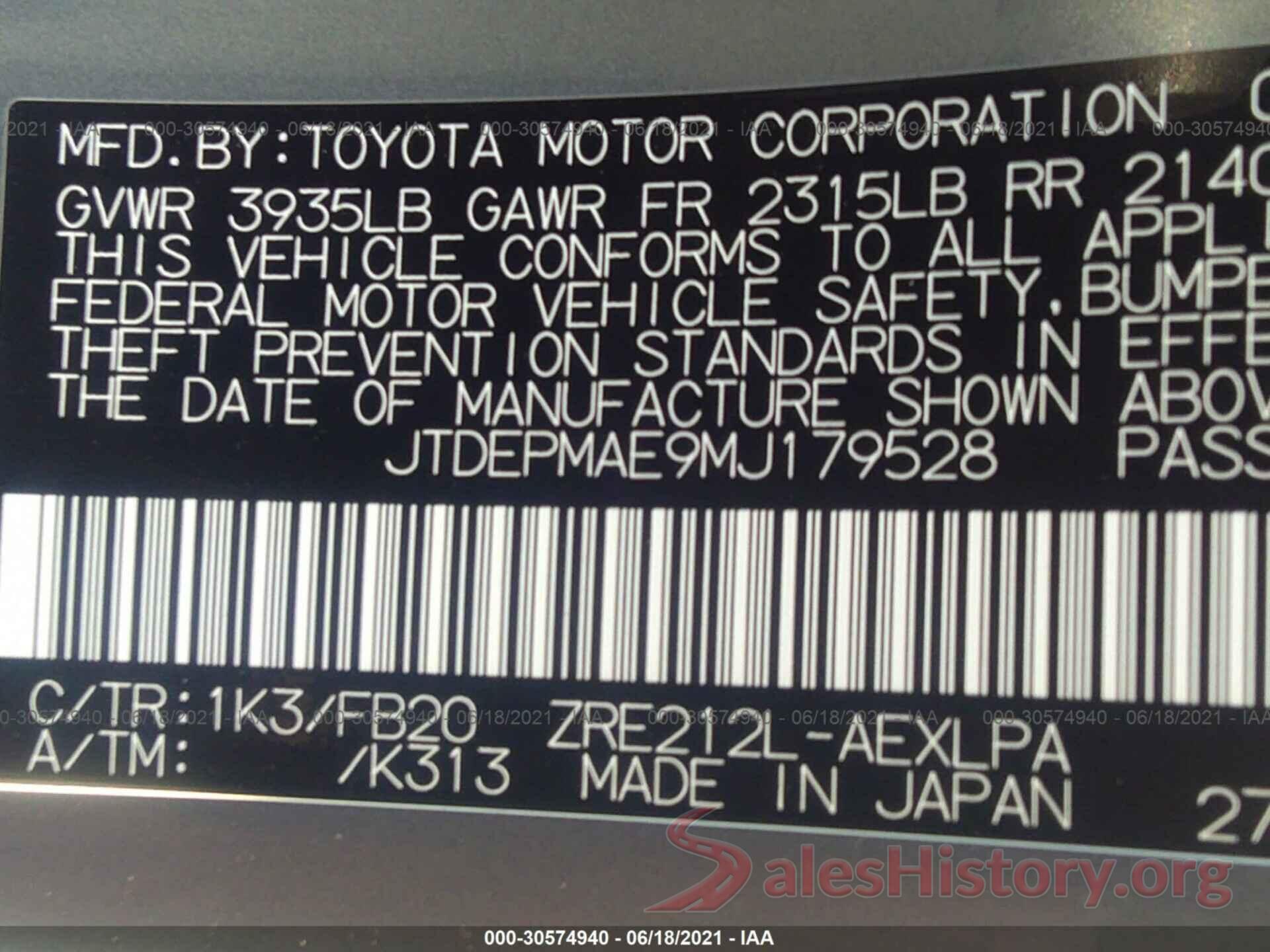 JTDEPMAE9MJ179528 2021 TOYOTA COROLLA