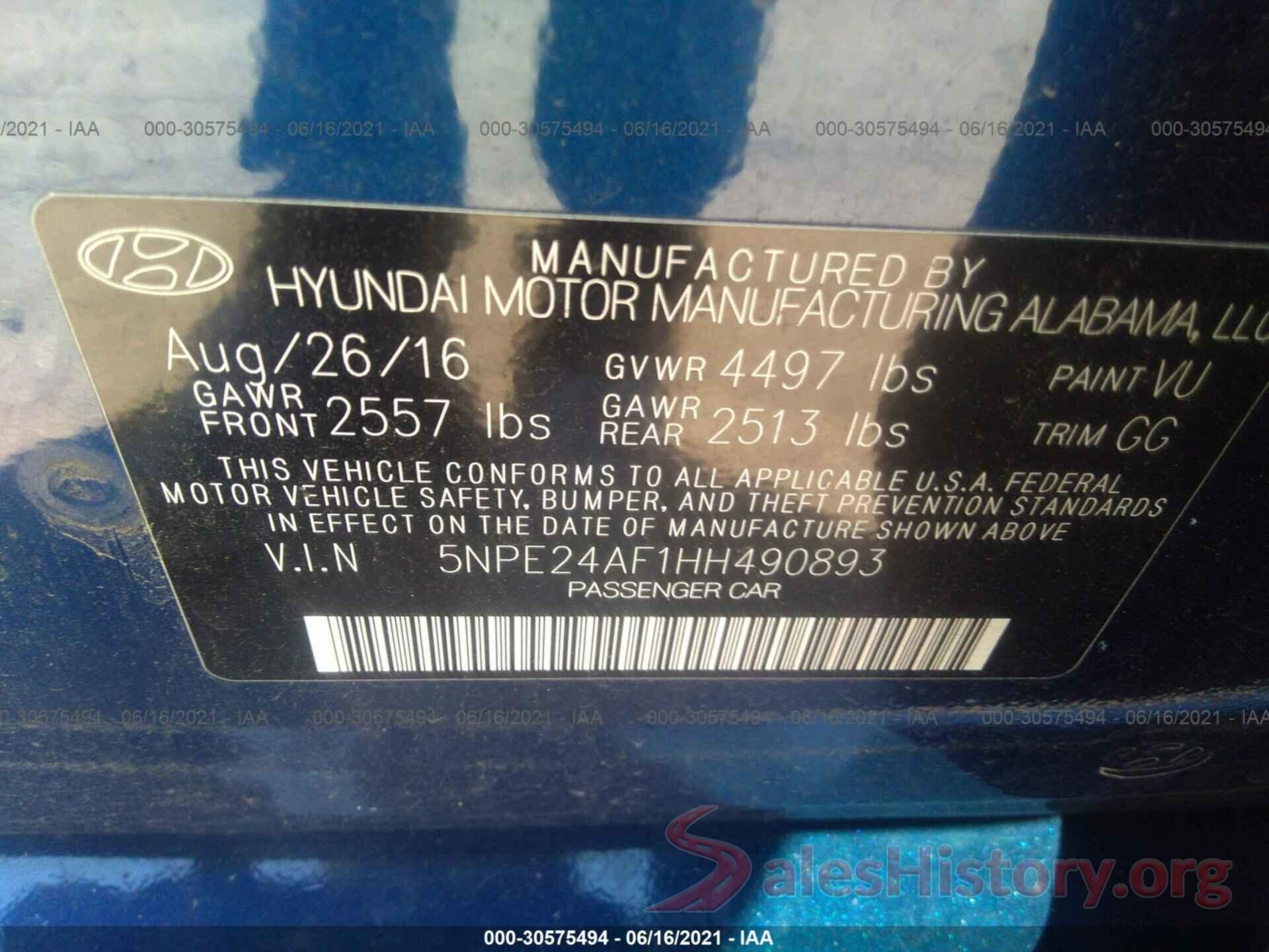 5NPE24AF1HH490893 2017 HYUNDAI SONATA