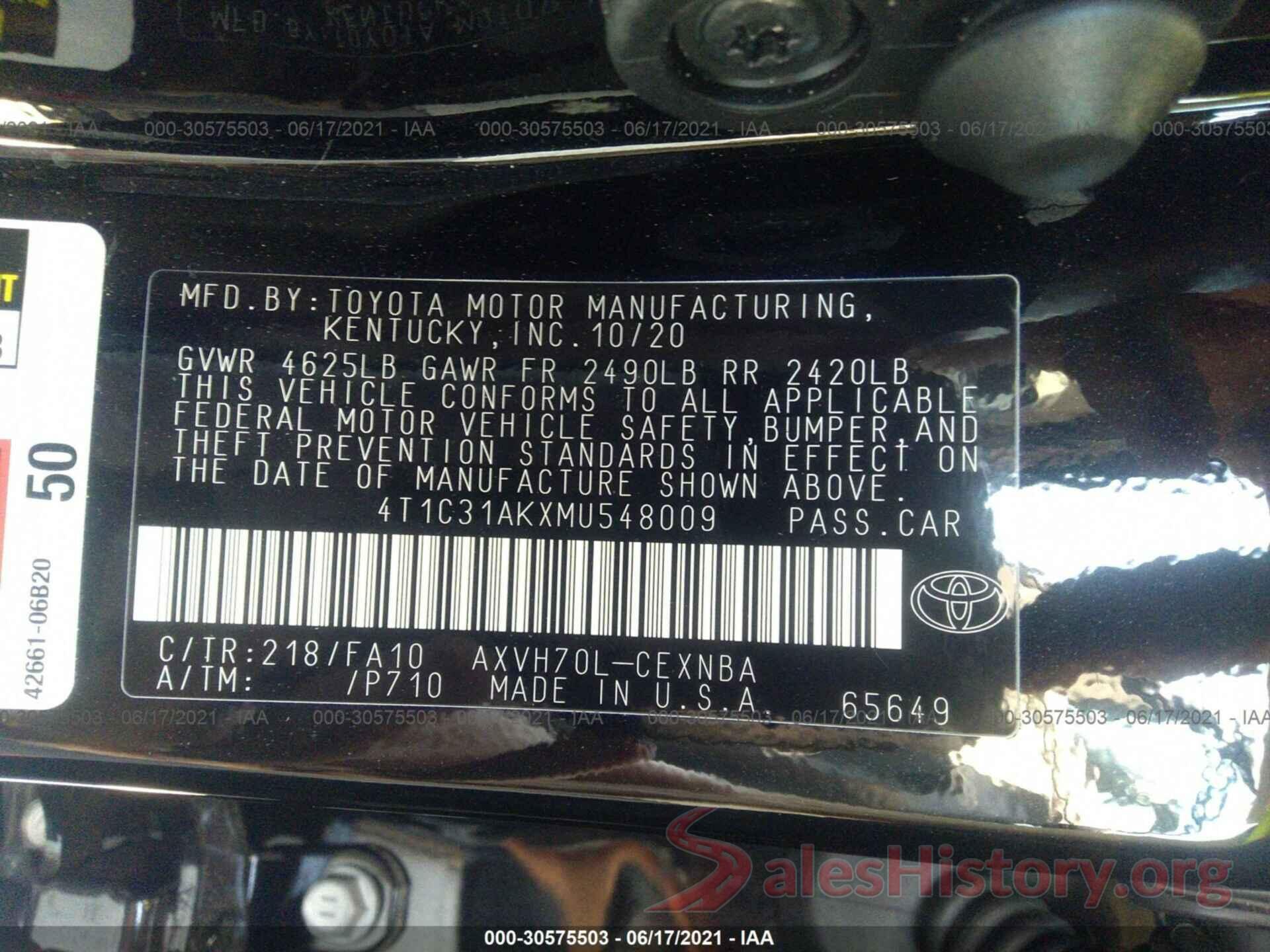 4T1C31AKXMU548009 2021 TOYOTA CAMRY