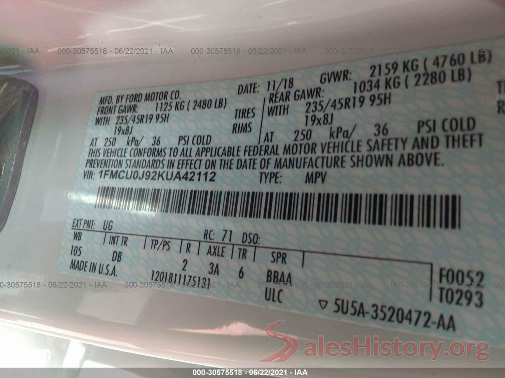 1FMCU0J92KUA42112 2019 FORD ESCAPE