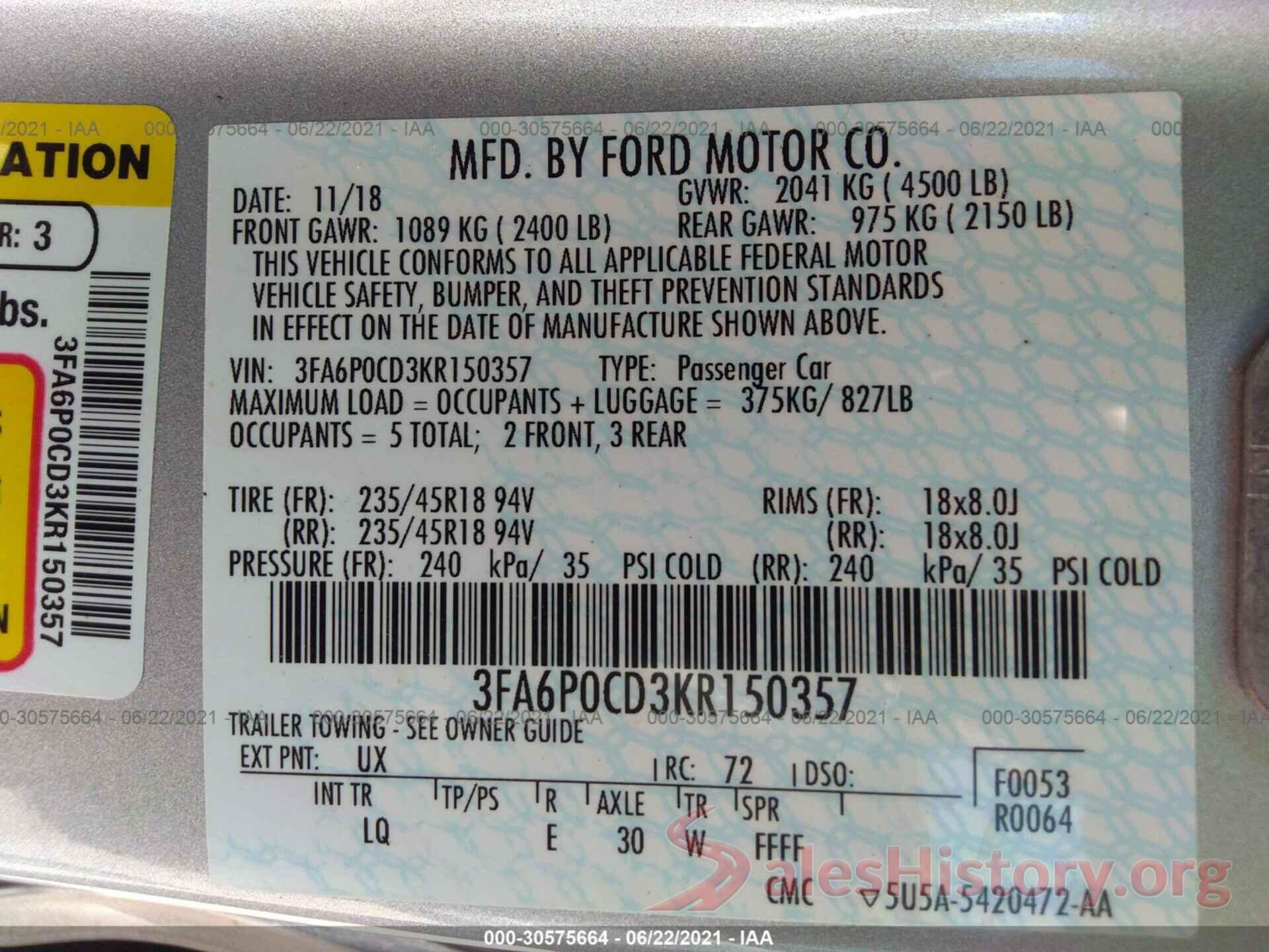 3FA6P0CD3KR150357 2019 FORD FUSION