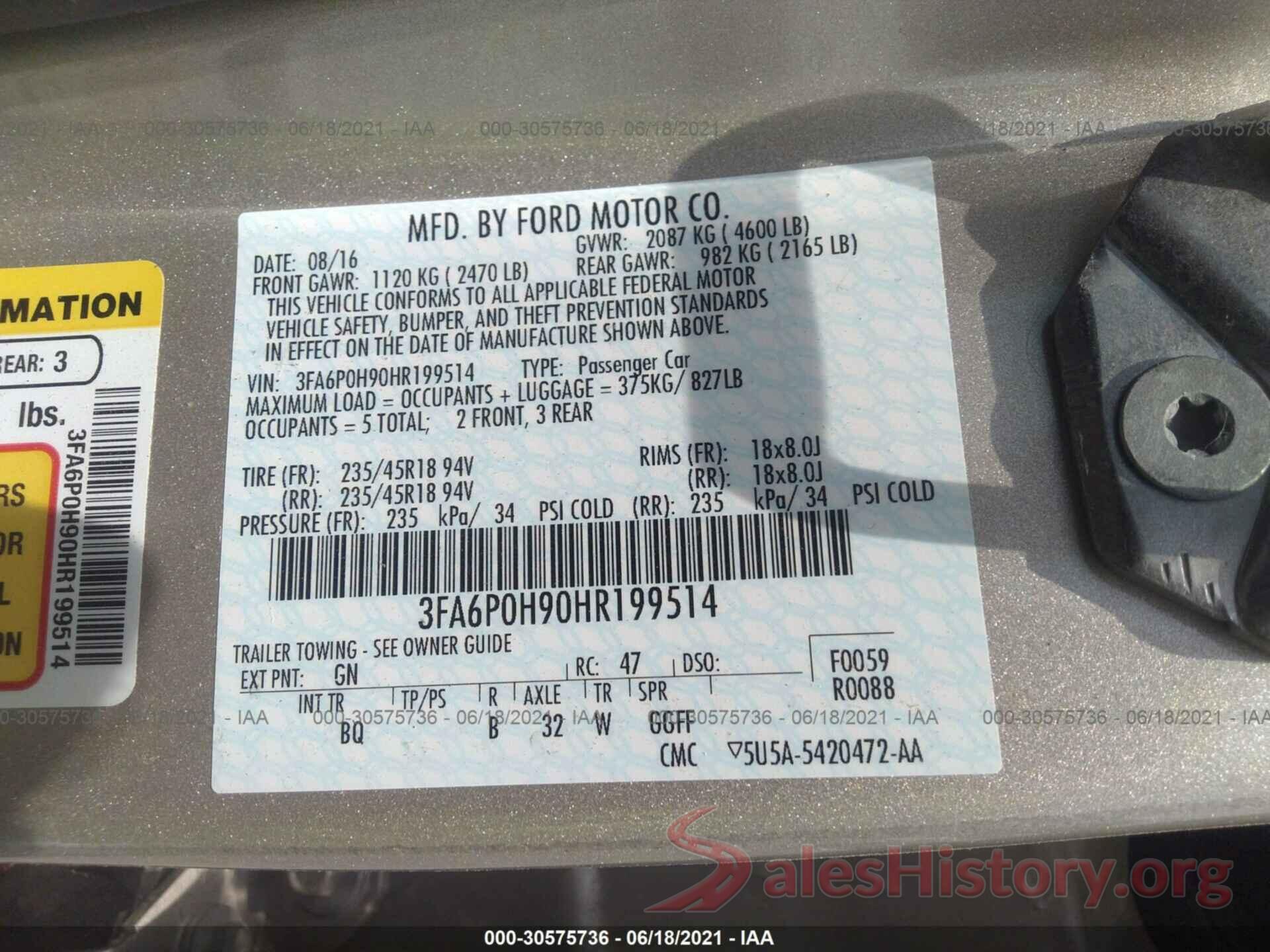 3FA6P0H90HR199514 2017 FORD FUSION