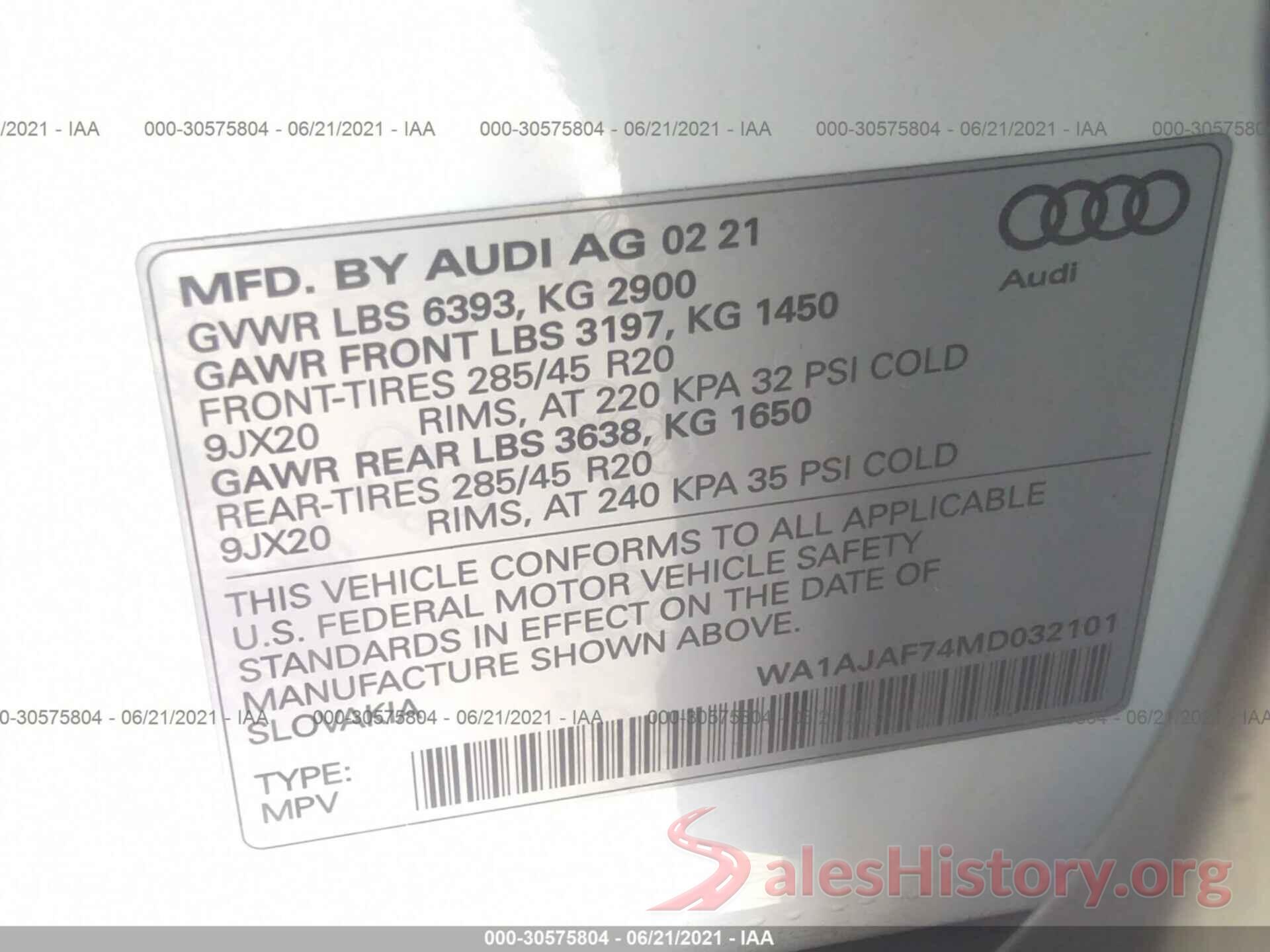 WA1AJAF74MD032101 2021 AUDI Q7