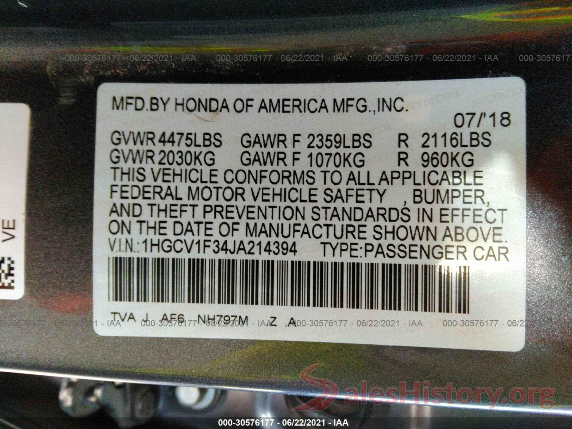 1HGCV1F34JA214394 2018 HONDA ACCORD SEDAN