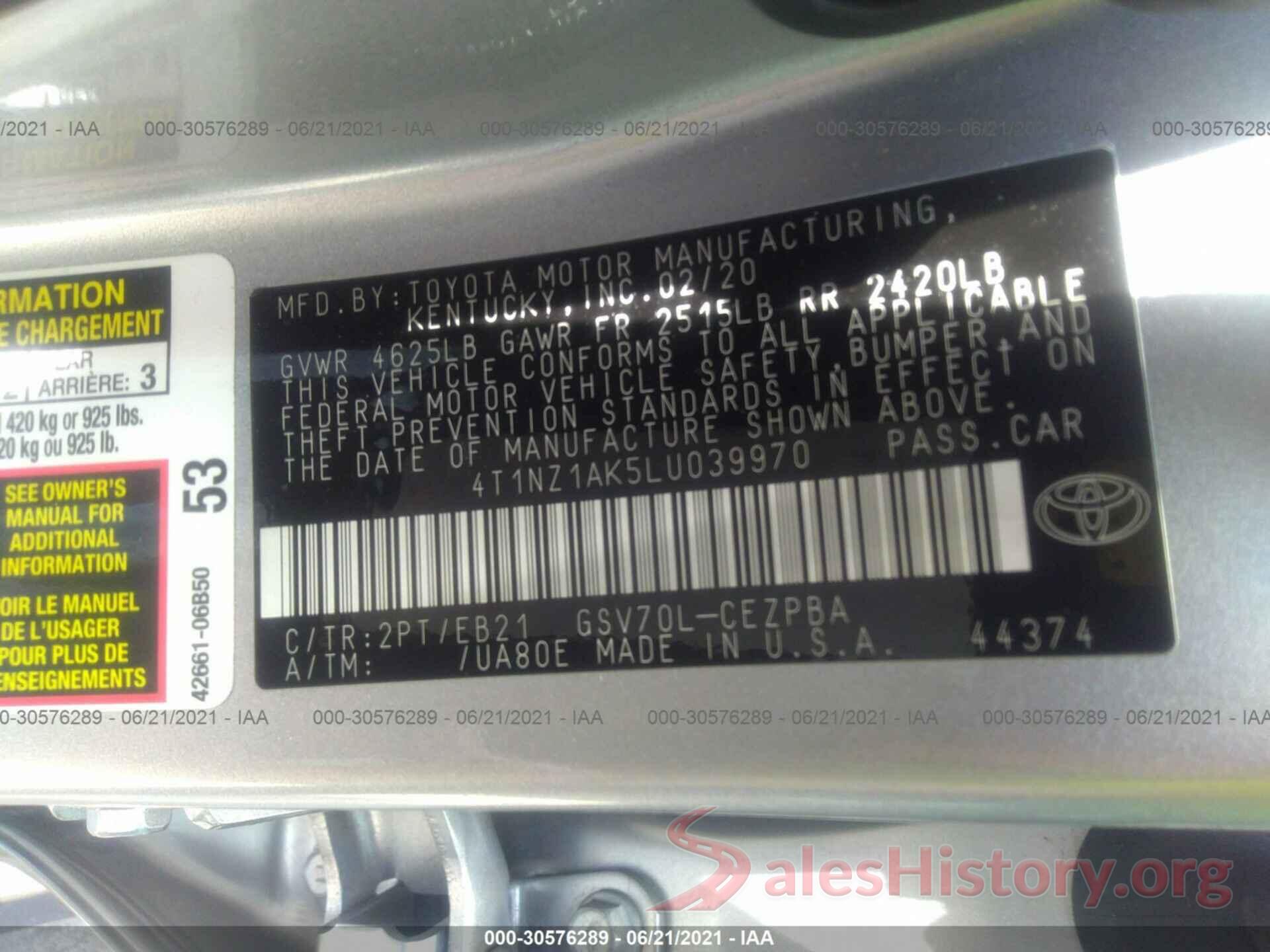 4T1NZ1AK5LU039970 2020 TOYOTA CAMRY