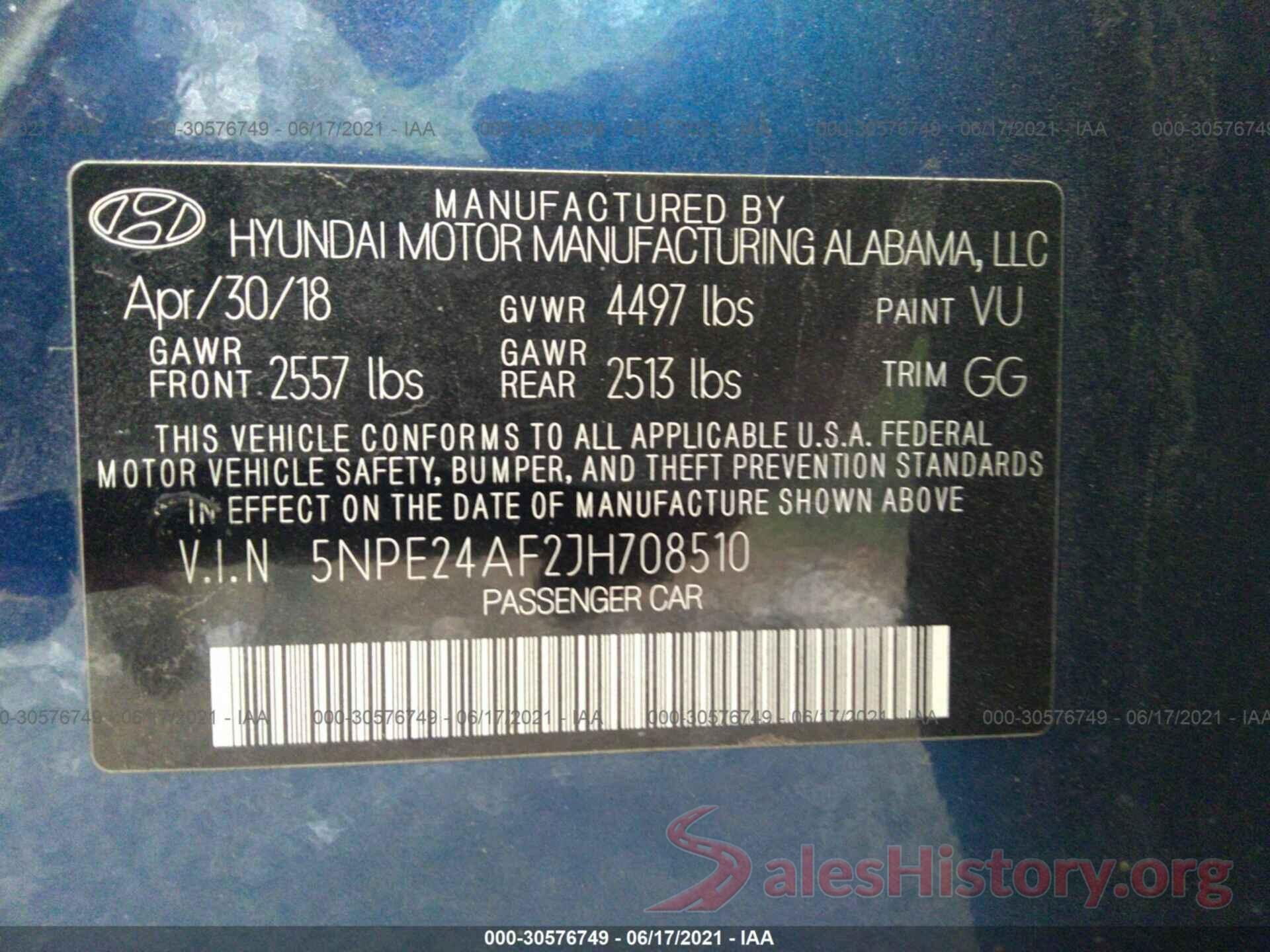 5NPE24AF2JH708510 2018 HYUNDAI SONATA