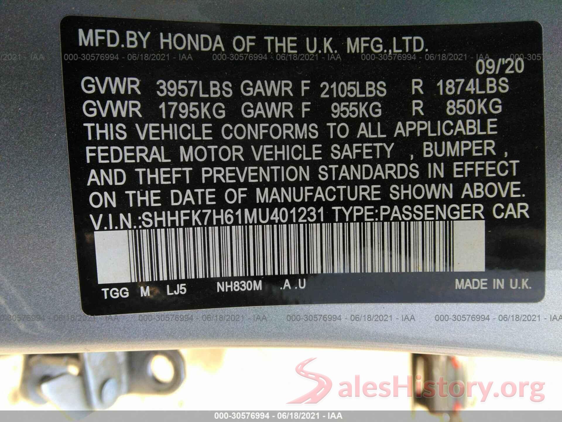 SHHFK7H61MU401231 2021 HONDA CIVIC HATCHBACK