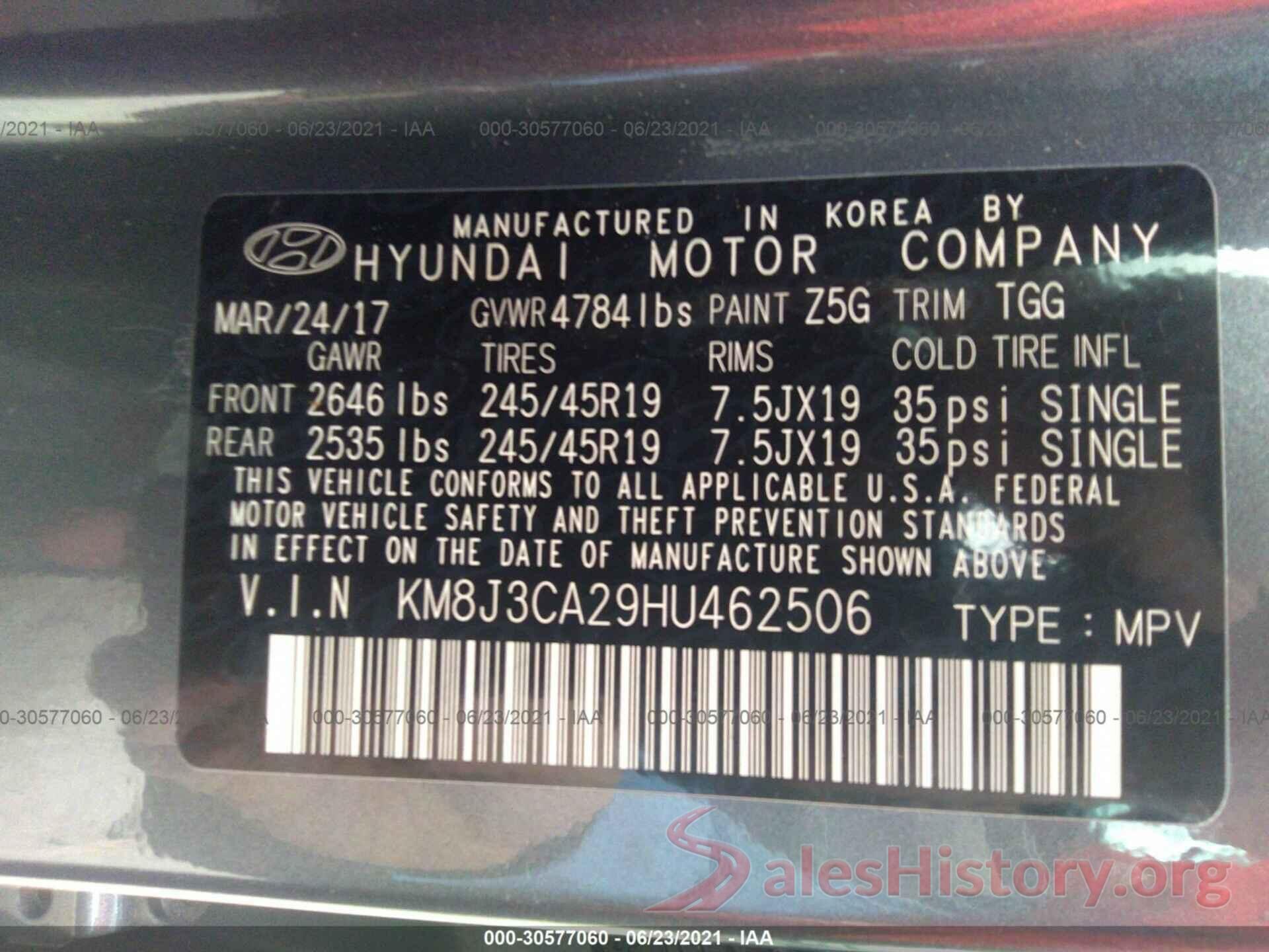 KM8J3CA29HU462506 2017 HYUNDAI TUCSON