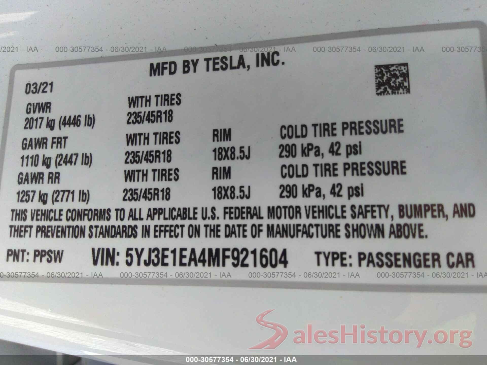 5YJ3E1EA4MF921604 2021 TESLA MODEL 3