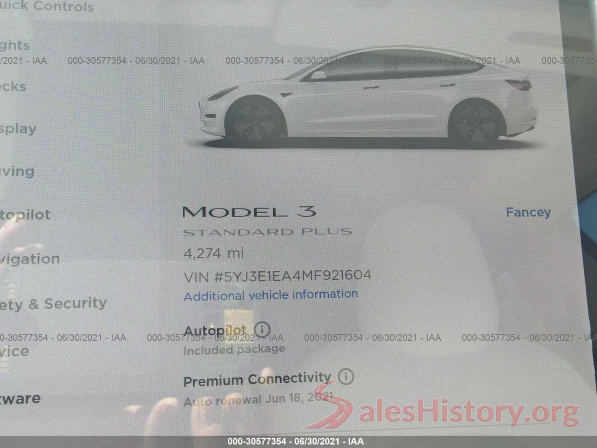 5YJ3E1EA4MF921604 2021 TESLA MODEL 3