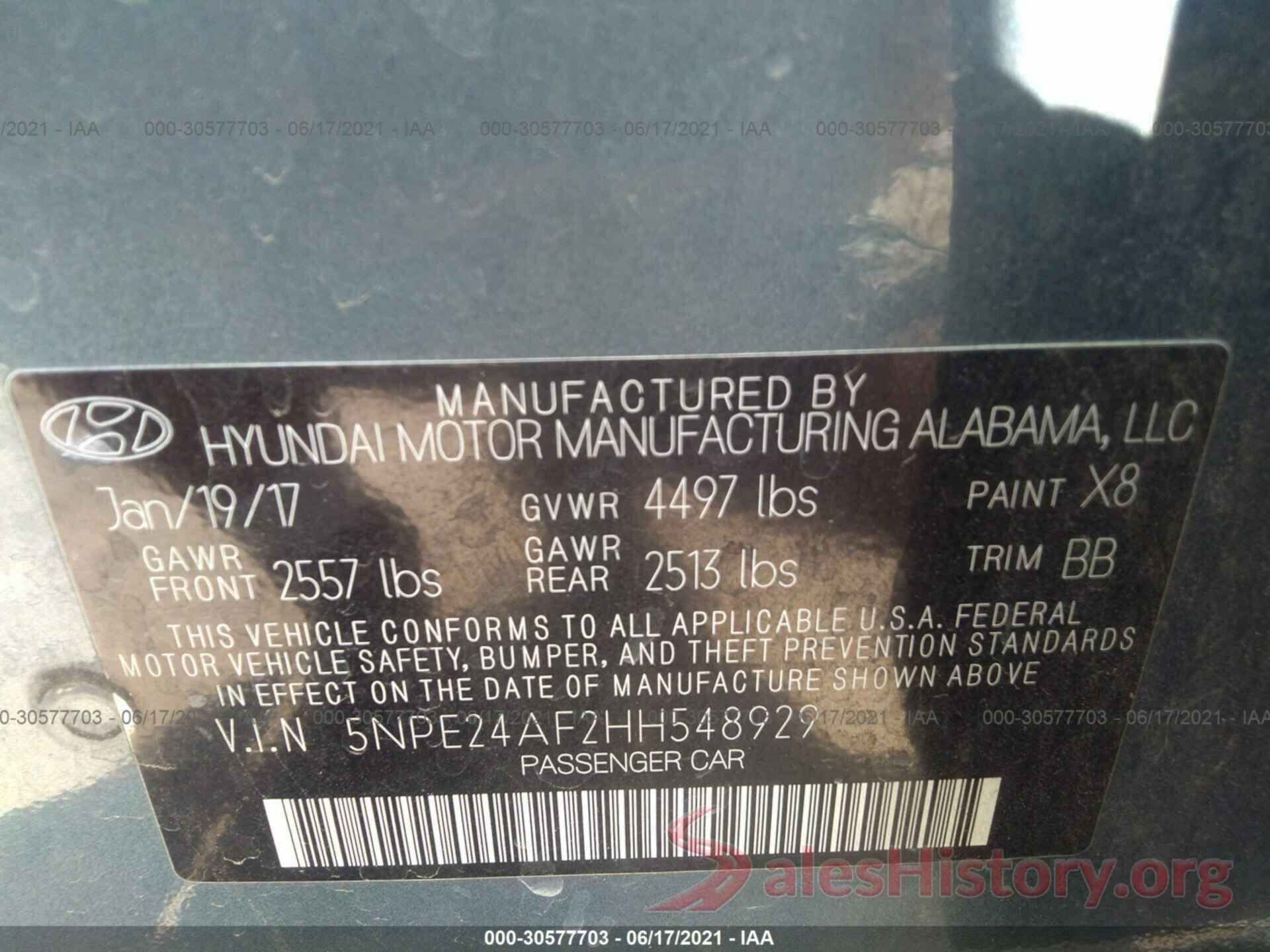 5NPE24AF2HH548929 2017 HYUNDAI SONATA