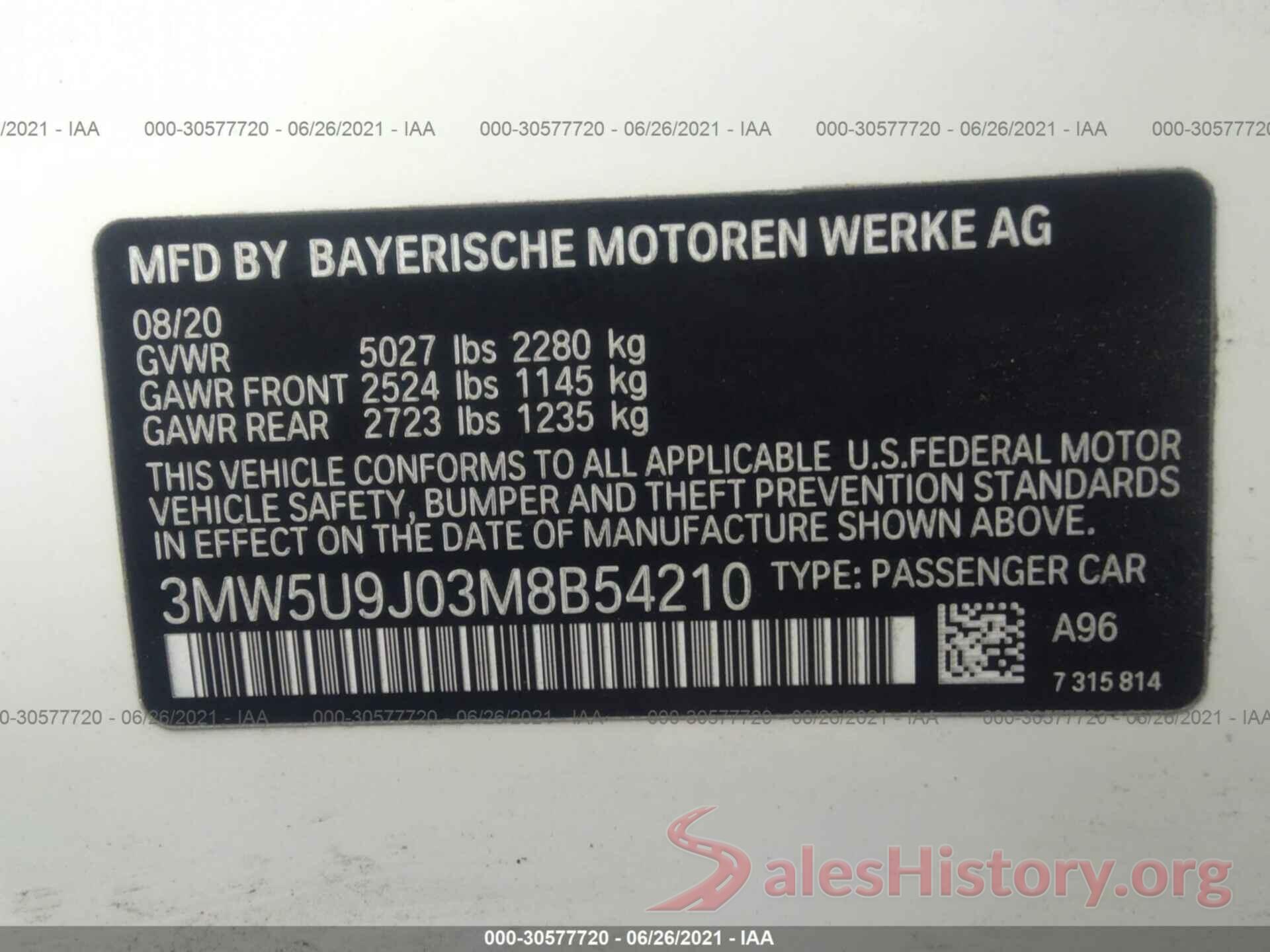 3MW5U9J03M8B54210 2021 BMW 3 SERIES